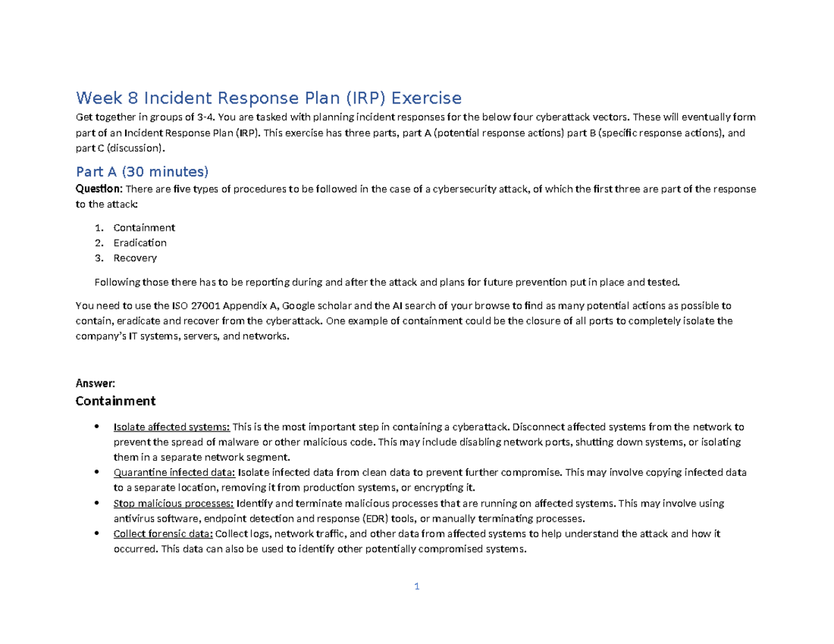 Week 8 IRP: Developing a Comprehensive Incident Response Plan - Studocu