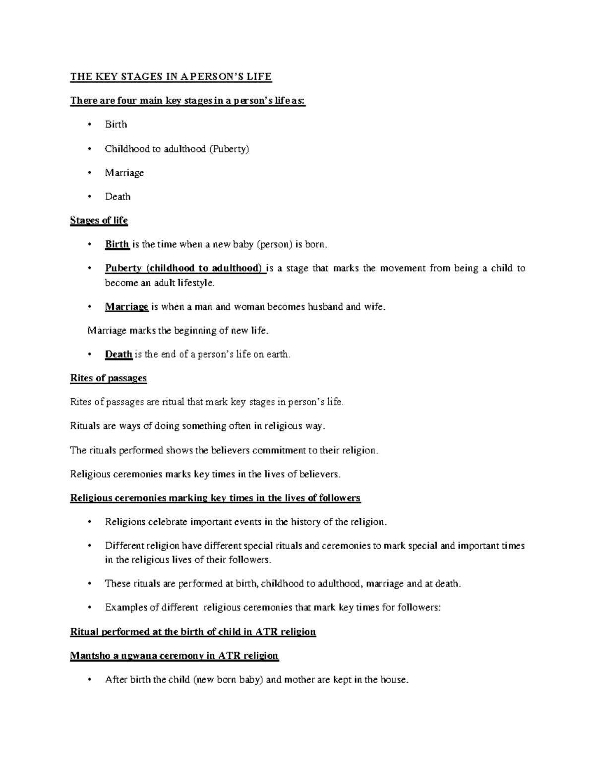 RME Std 7 Notes: Key Life Stages and Rites of Passage (2020) - Studocu