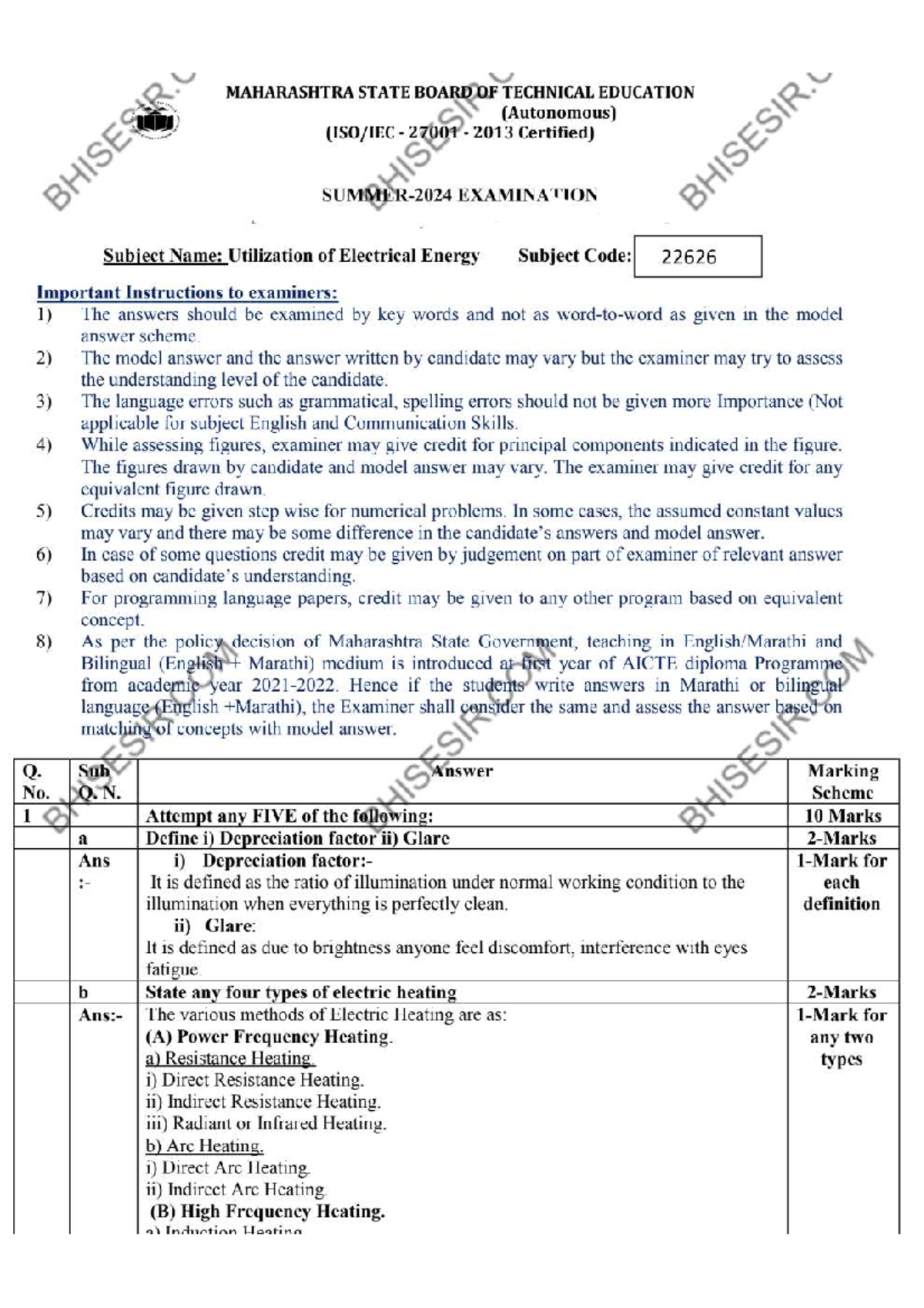 22626 - S 24 Model Answer Paper for Utilization of Electrical Energy - Document Preview