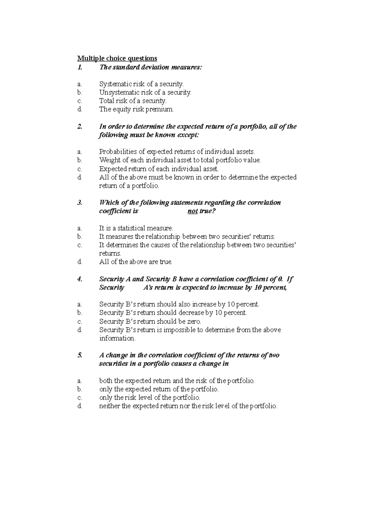 Risk and return mcq's - Managerial Finance practices - Multiple choice ...