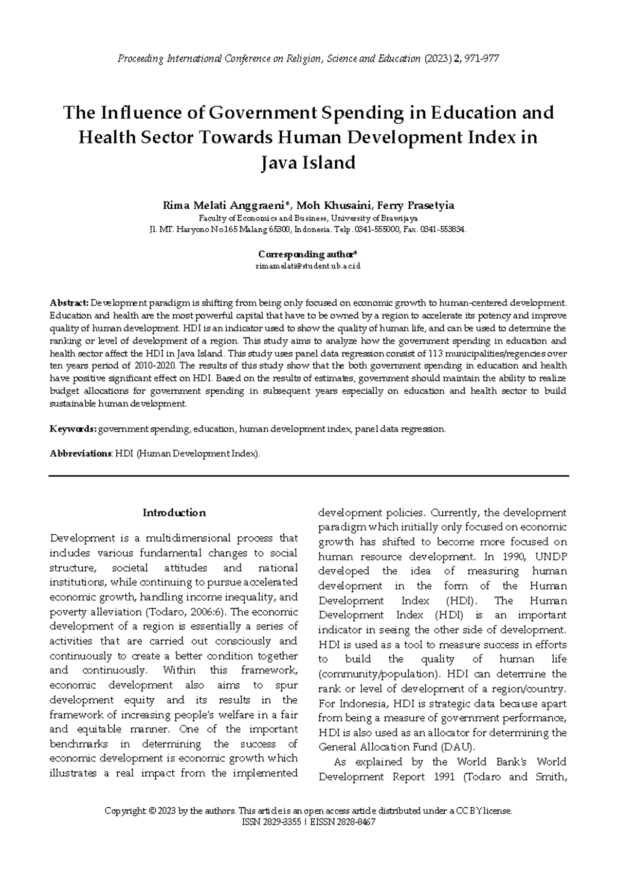 The Impact of Gov. Spending on Education & Health on HDI in Java (ICRSE ...