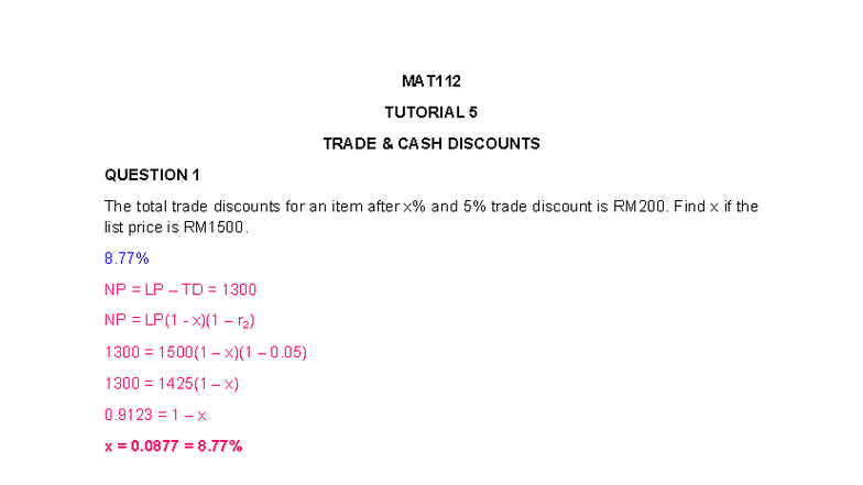 MAT112 TUTORIAL 5 TRADE & CASH DISCOUNTS SOLUTIONS - Studocu