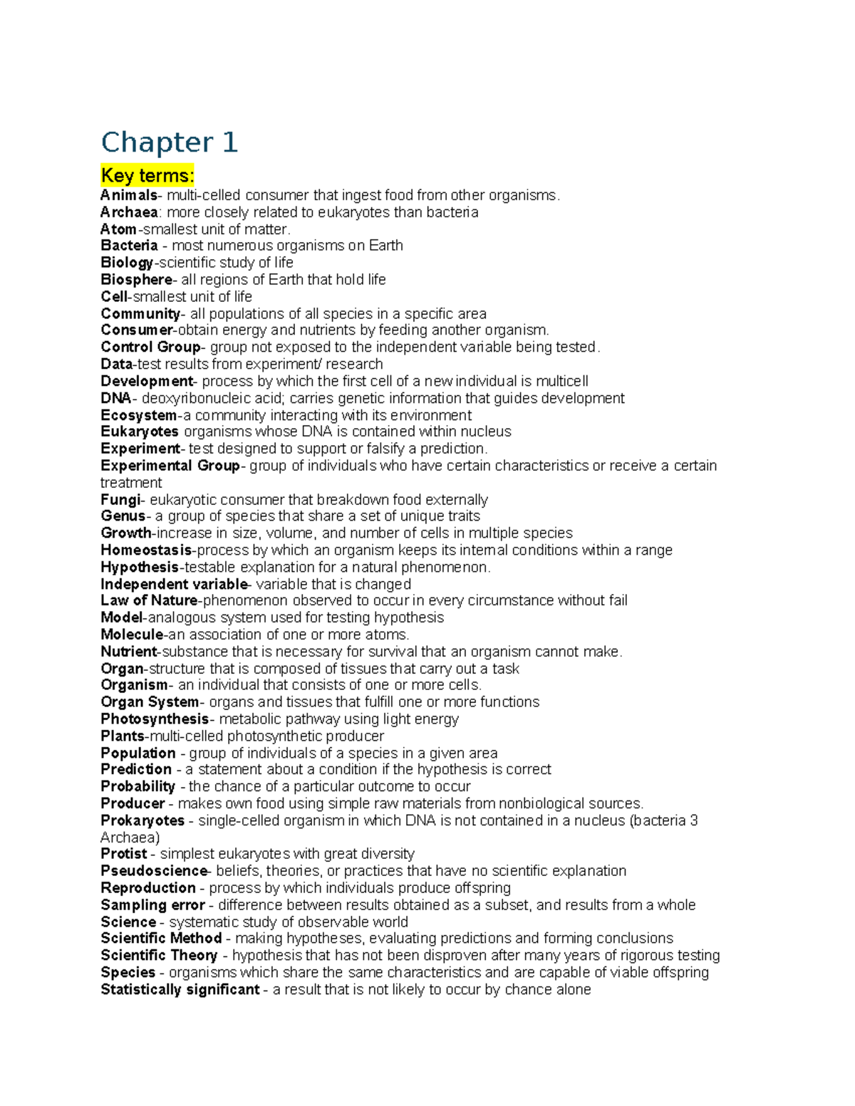 Bio 189 Chapter 1 Study Guide: Key Terms and Concepts Explained - Studocu