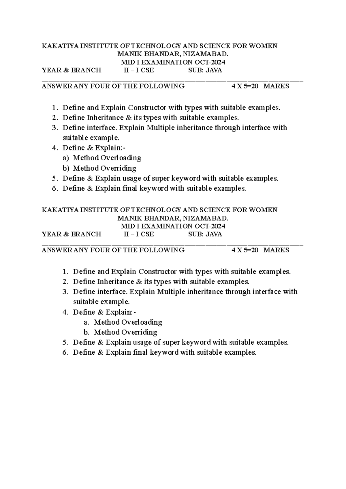 CSE Mid I Exam: Java Concepts and Examples - Studocu