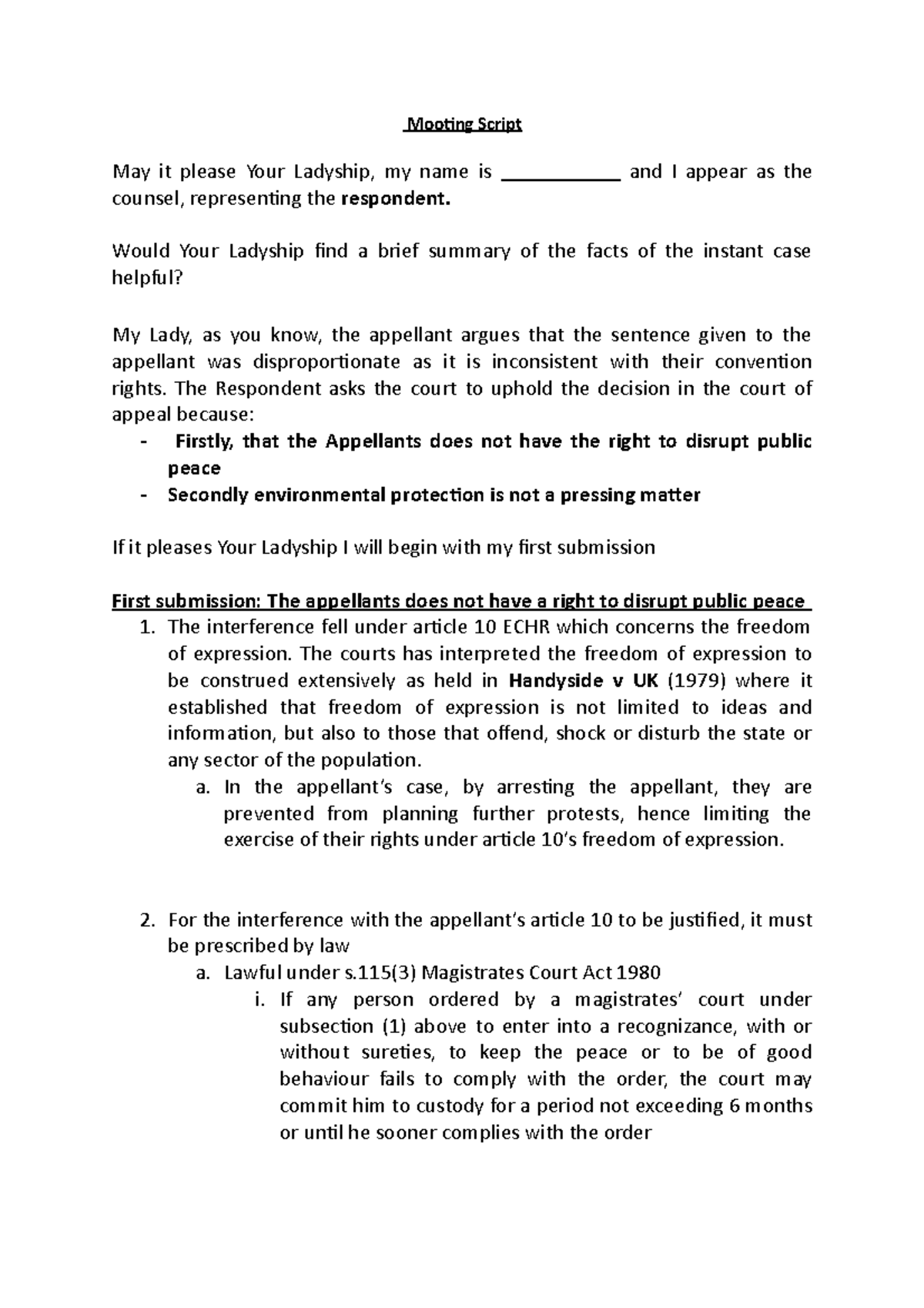 Mooting Script: Respondent's Argument on Public Order & Rights - Studocu