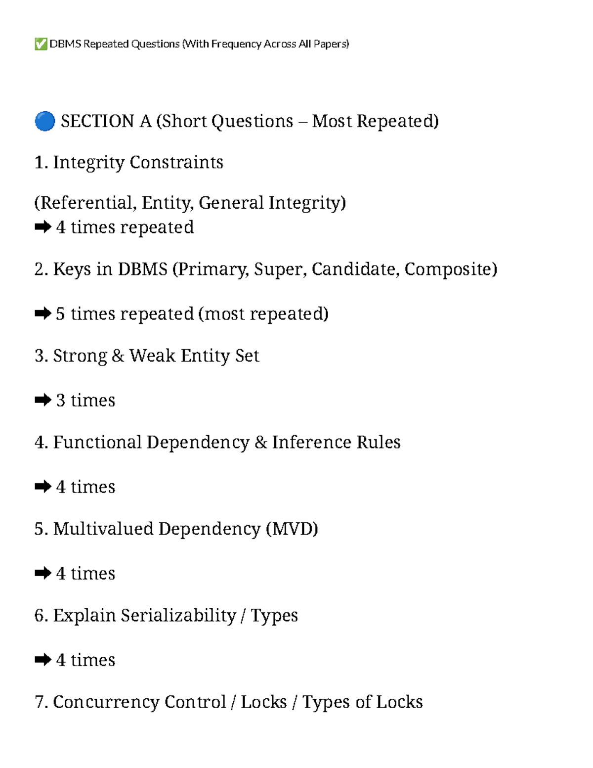 DBMS PYQ: Most Repeated Questions & Topics Overview - Studocu