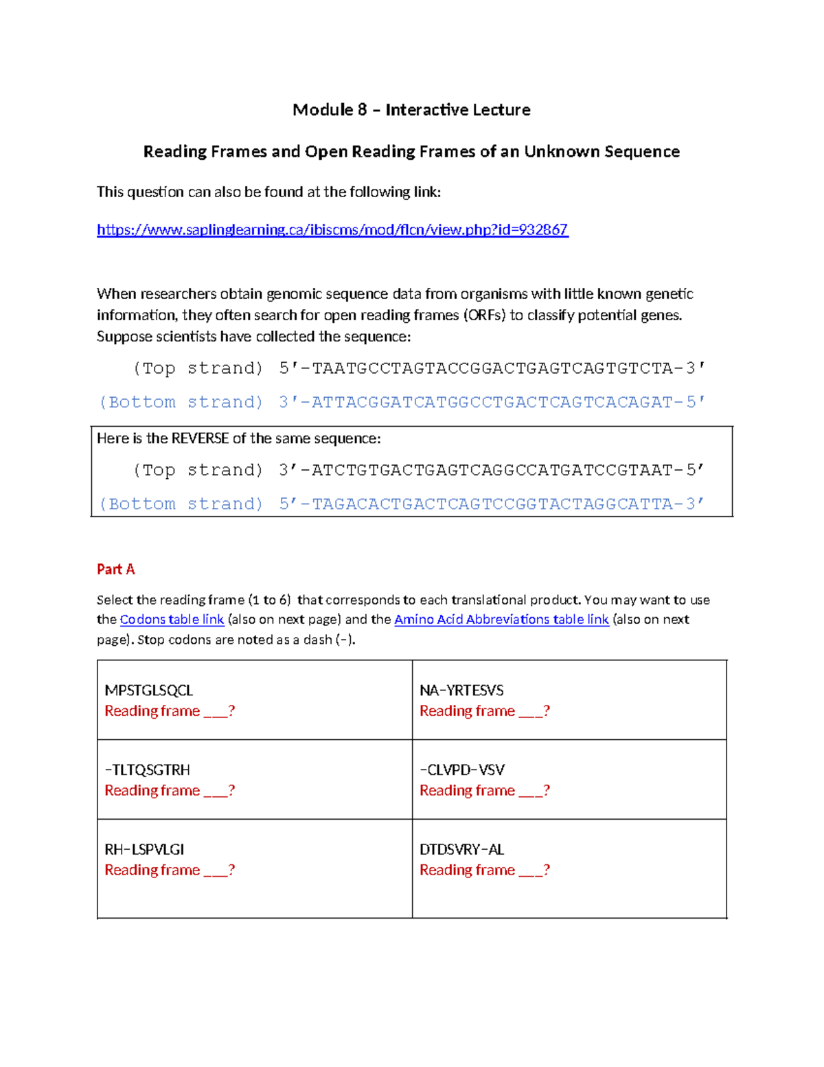 M8 Interactive Lecture: Reading Frames & ORFs Analysis - Studocu