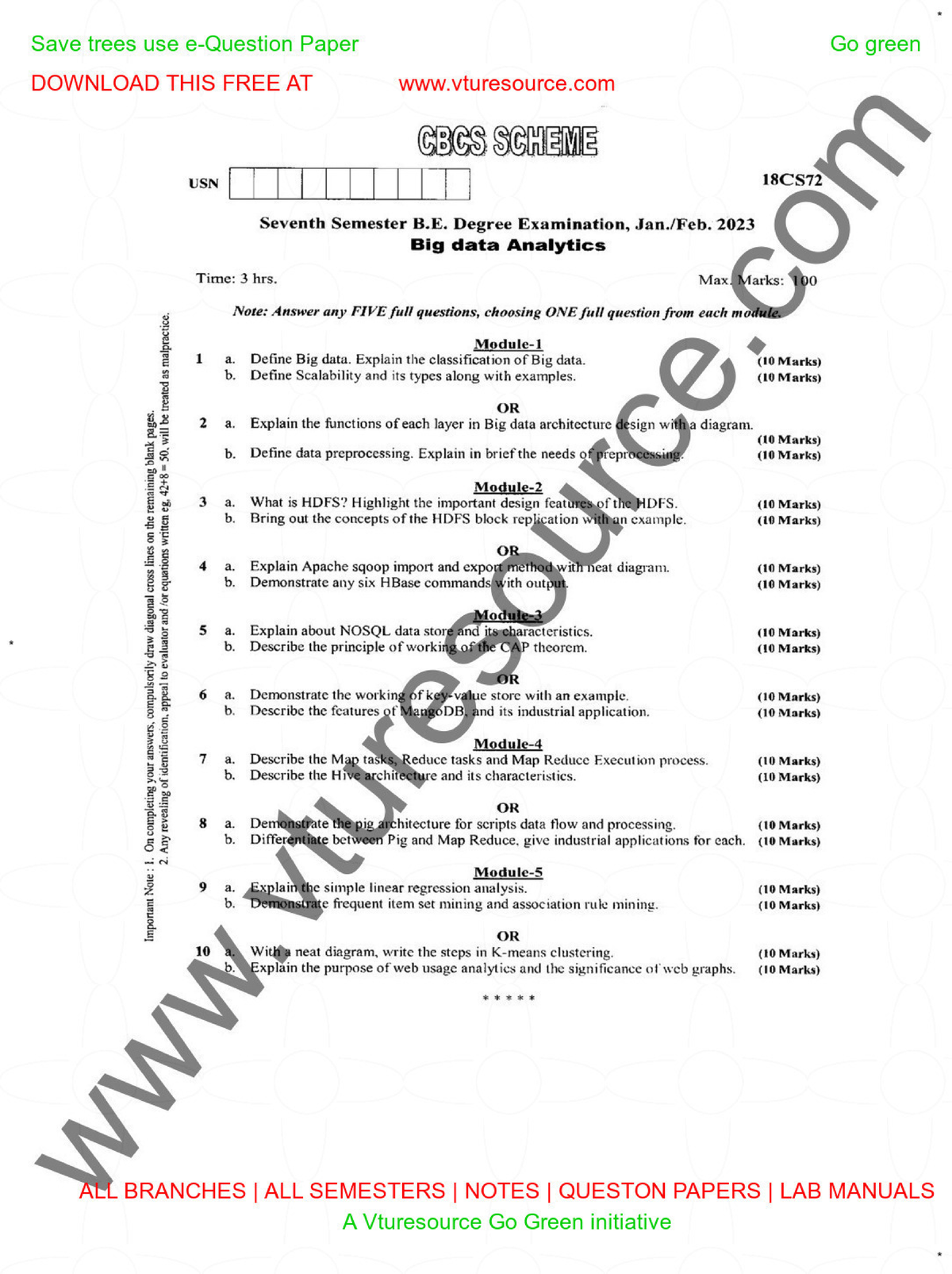 Big Data Analytics Exam QP - CBCS USN 18CS72 - 7th Sem B.E. 2023 - Studocu