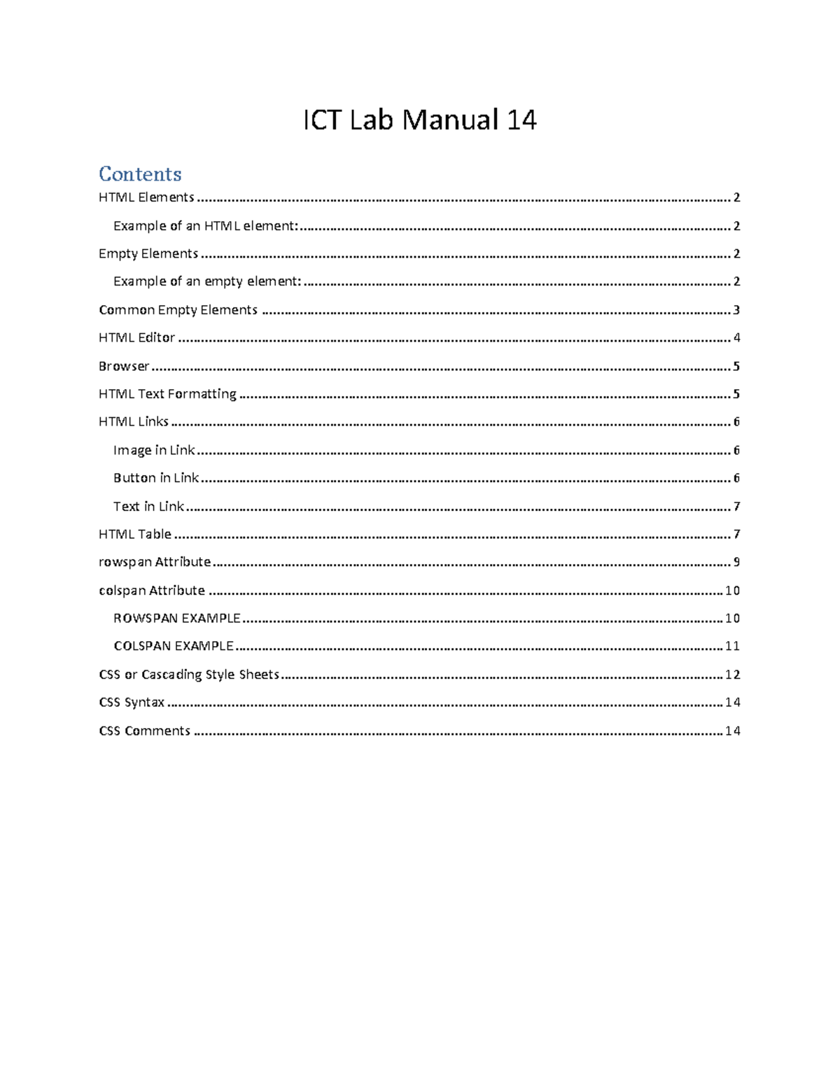 ICT Lab Manual 14: HTML Elements & CSS Overview and Examples - Studocu