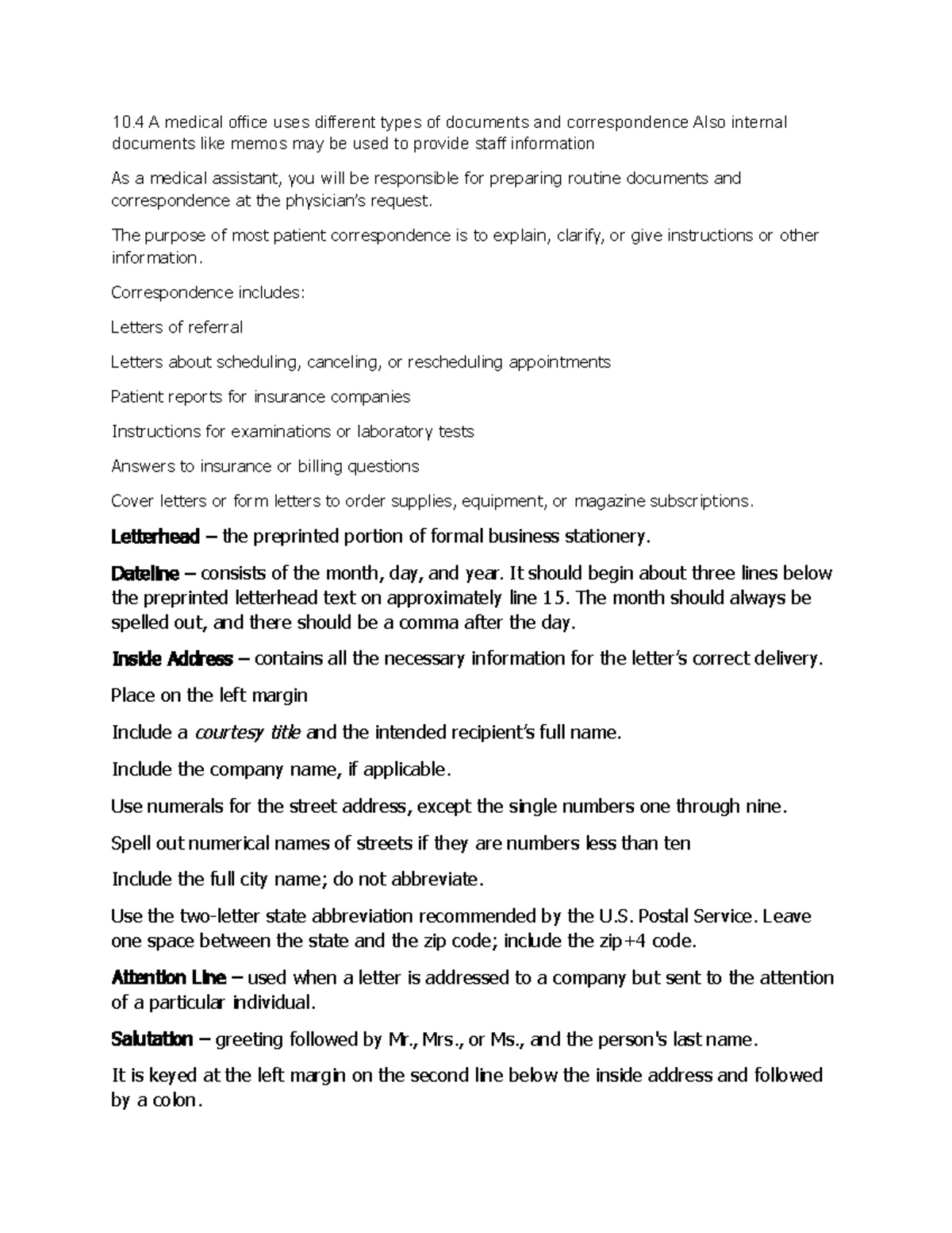 Summary Notes on Medical Office Documents and Correspondence - Studocu