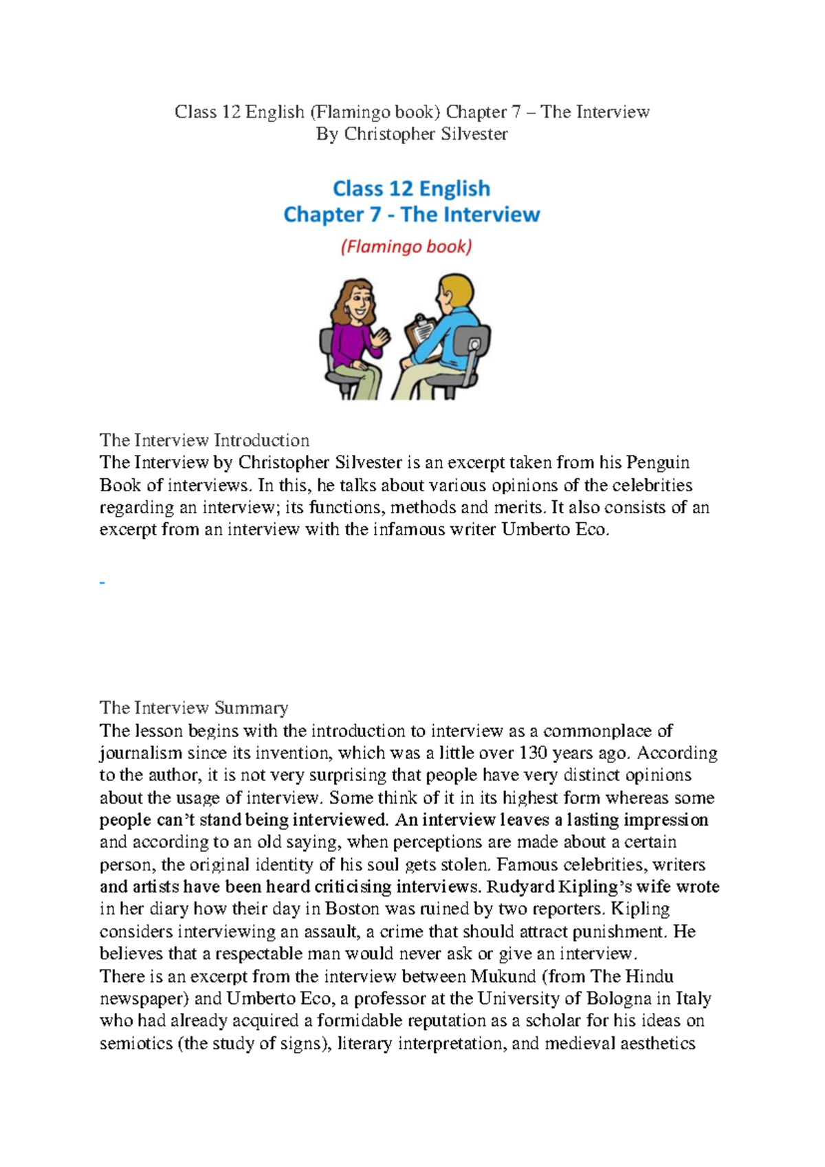 Class 12 English (Flamingo) Chapter 7: The Interview by Christopher ...