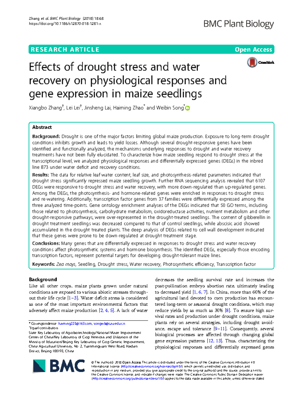Physiological Responses and Gene Expression in Maize Seedlings Under ...