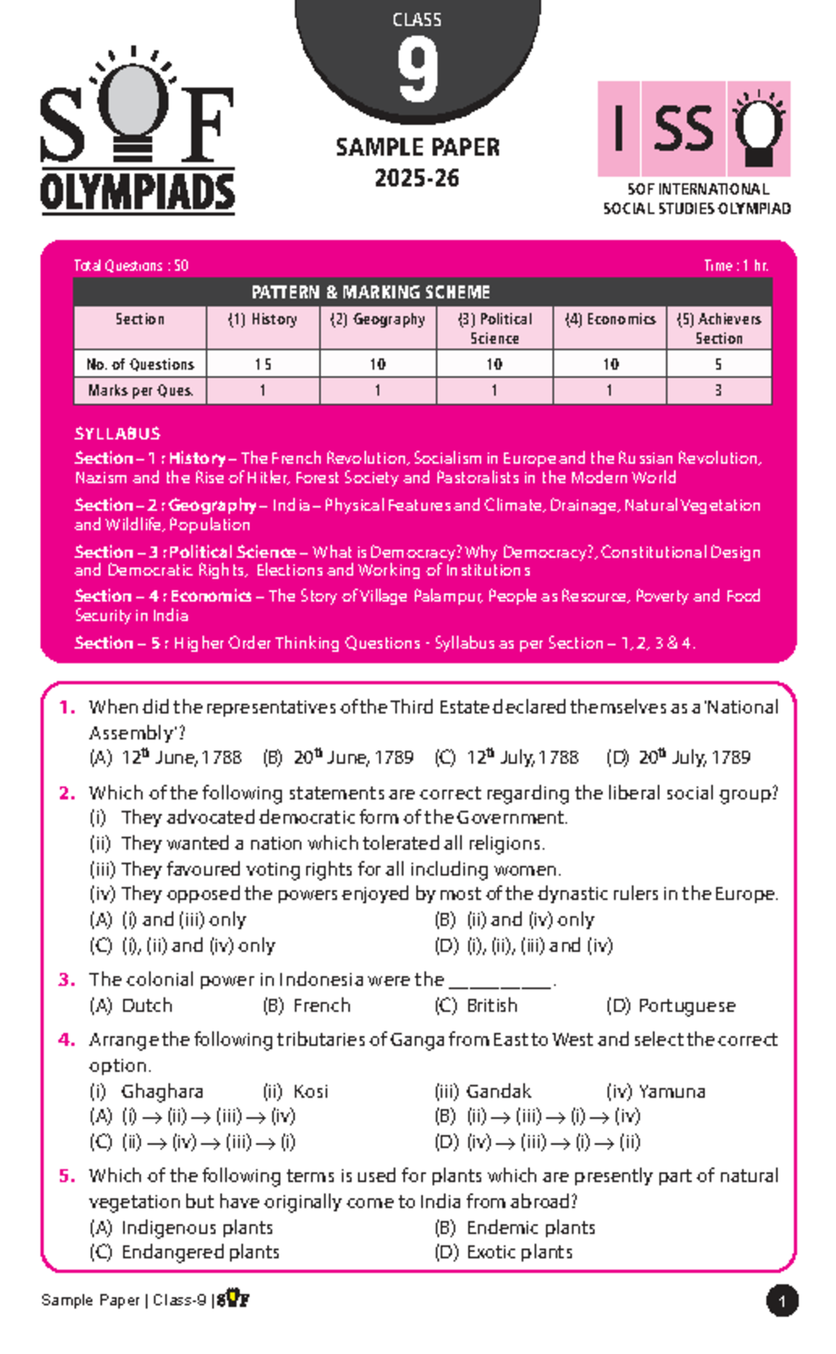 CLASS 9 SOF INTERNATIONAL SOCIAL STUDIES OLYMPIAD SAMPLE PAPER 2025-26 ...