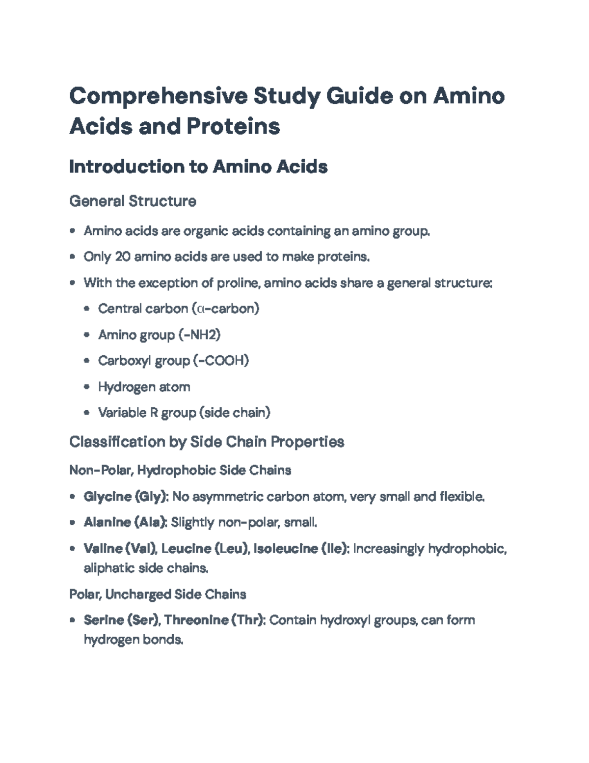 Comprehensive Study Guide on Amino Acids and Proteins: Key Concepts ...