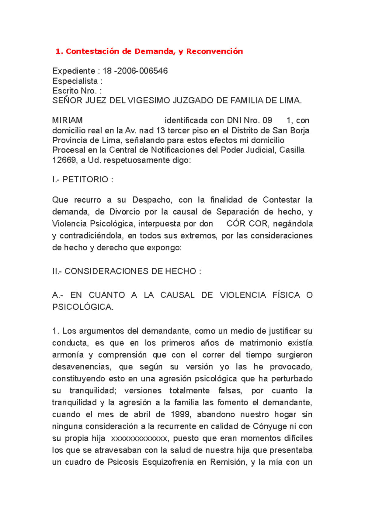 Modelo de Contestación de Demanda y Reconvención (Exp. 18-2006) - Studocu