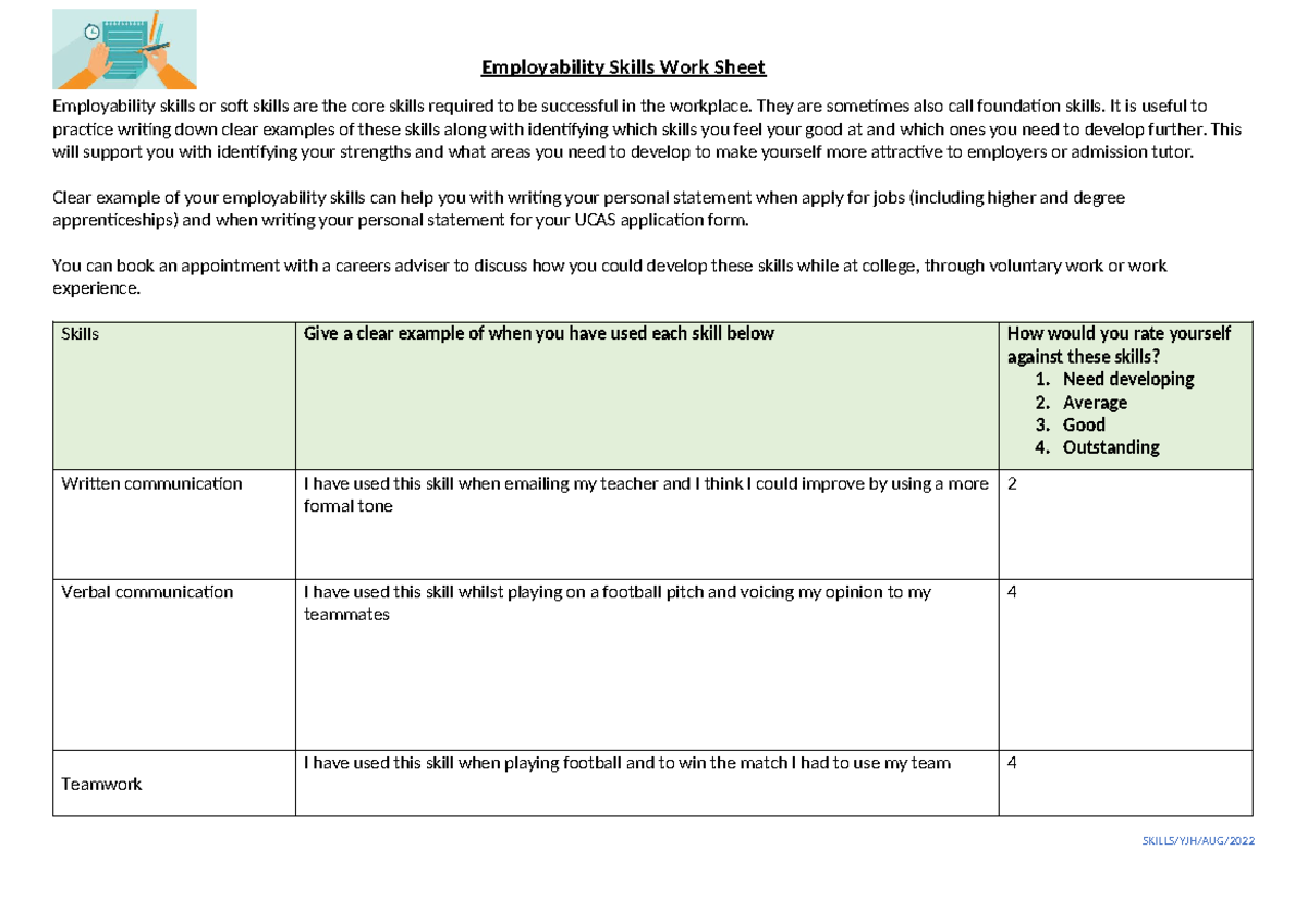 Employability Skills Worksheet for Career Development (SKILLS/YJH/AUG ...