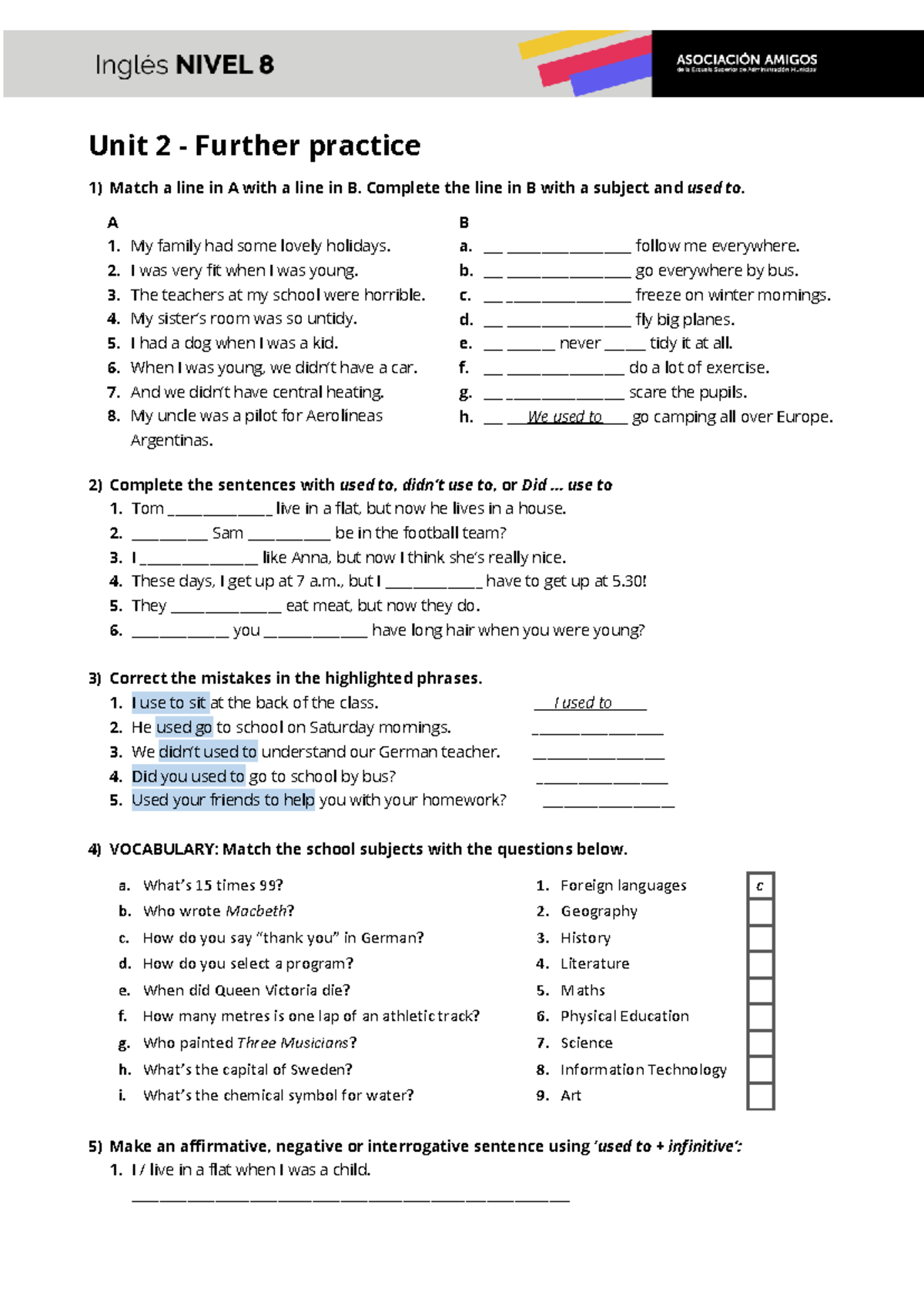 Unit 2 - Exercises on "Used to" and Vocabulary Matching - Studocu