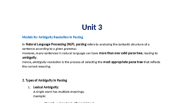 Unit 3: Ambiguity Resolution Models in NLP - Exam Notes - Studocu