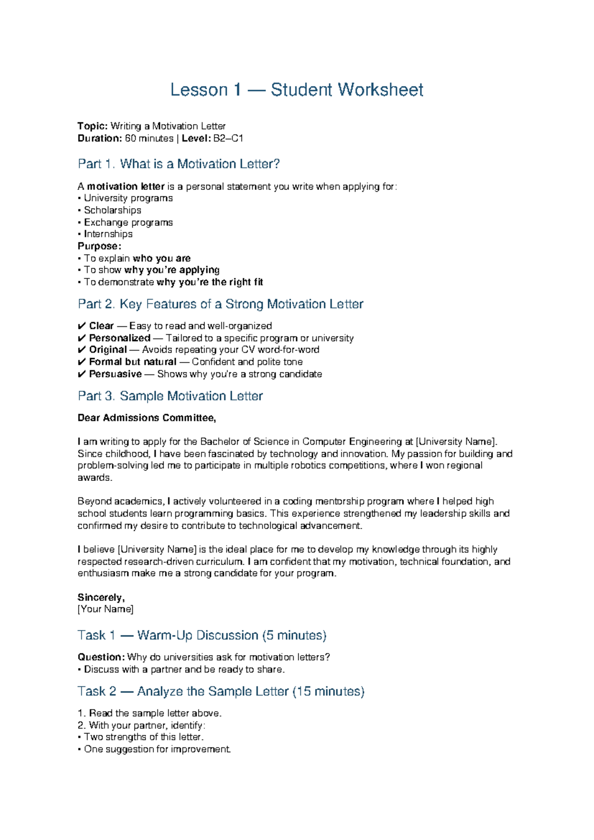 Lesson 1: Motivation Letter Worksheet for Writing Applications - Studocu