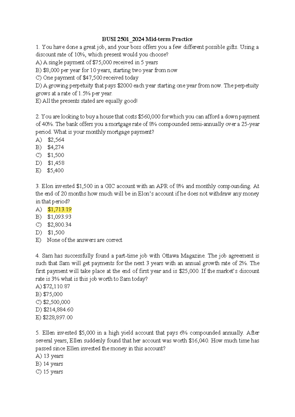 BUSI 2501 2024 Midterm Practice Exam Solutions and Analysis - Studocu