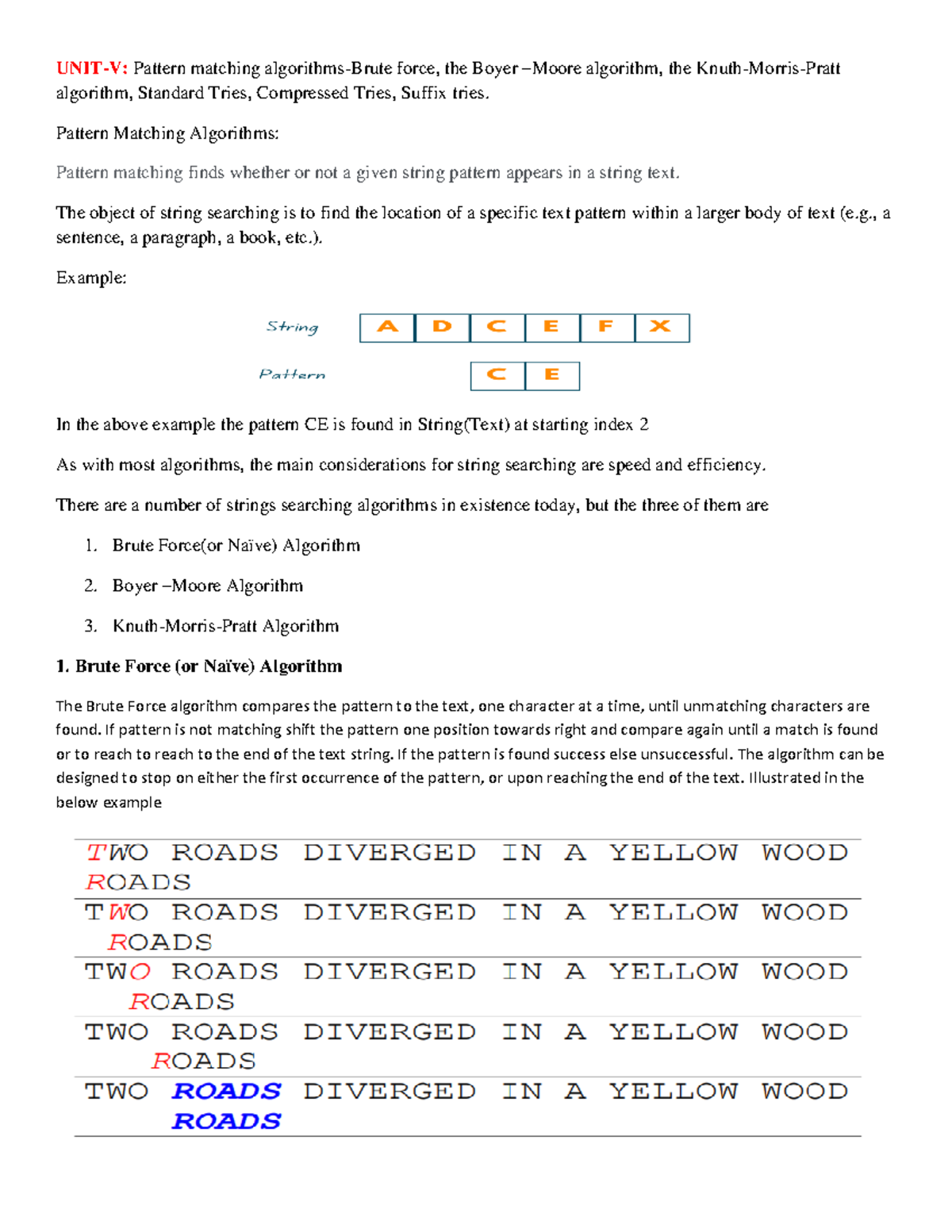 DS UNIT-V: Pattern Matching Algorithms & Tries Explained - Studocu