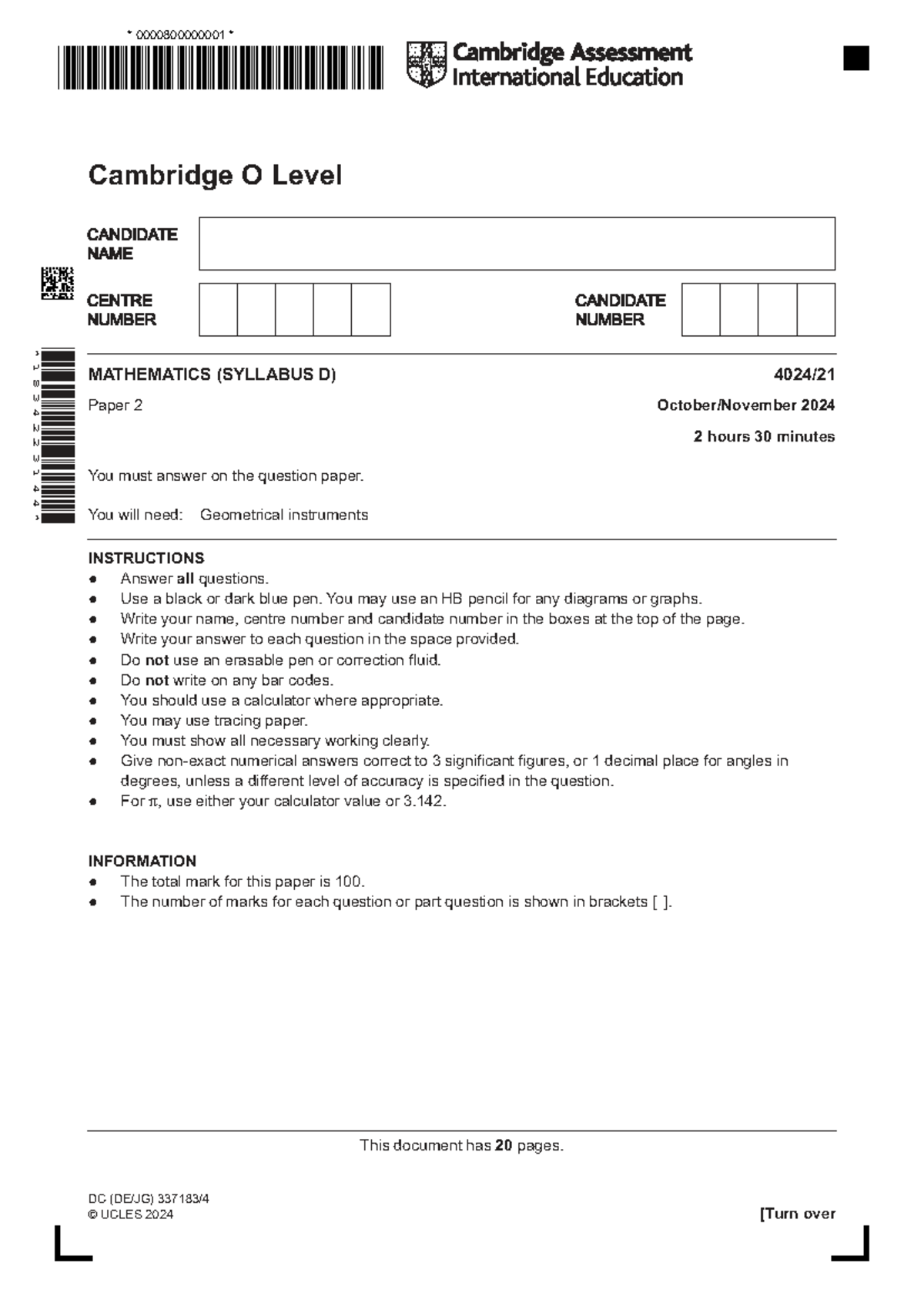 Cambridge O Level Mathematics (4024) Paper 2 Question Paper - Nov 2024 ...