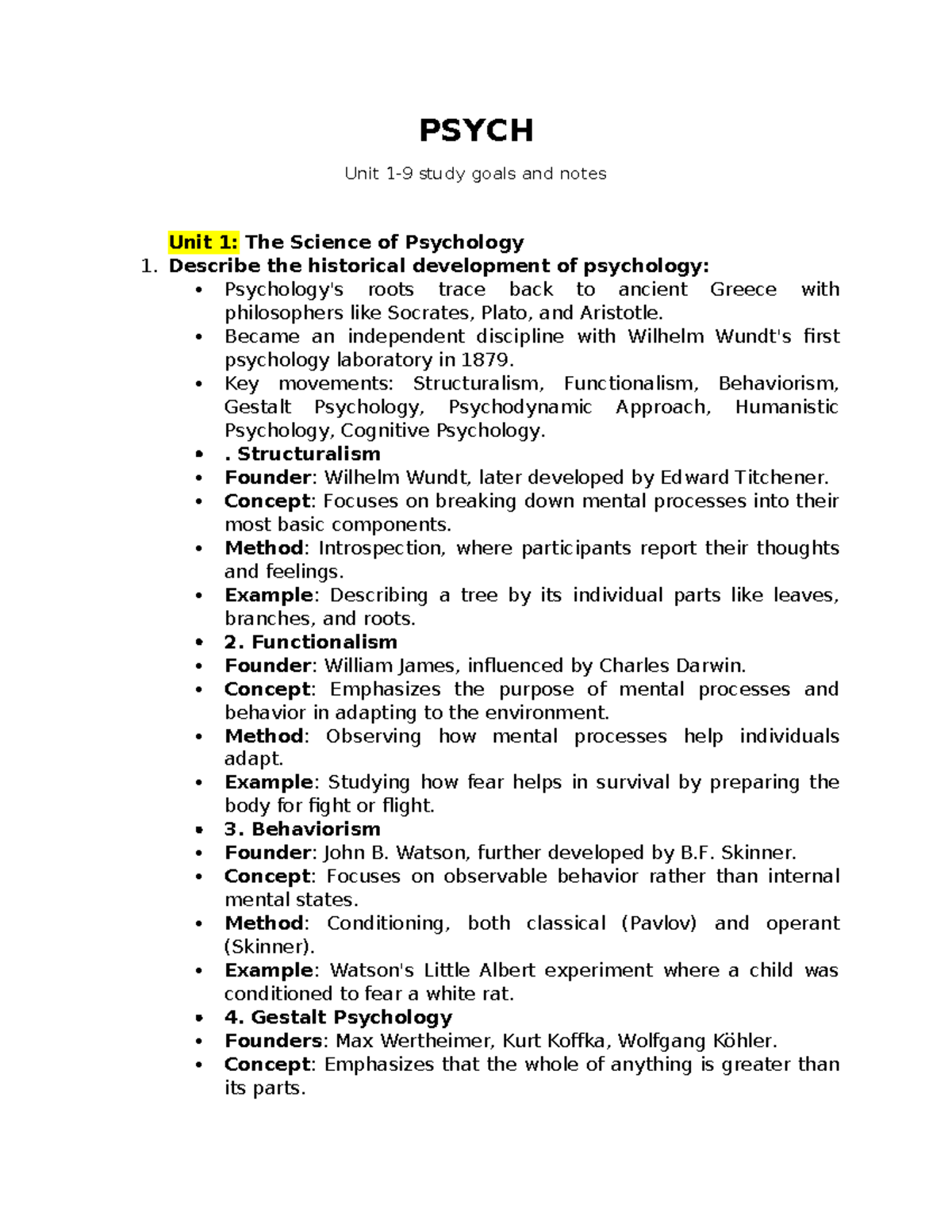 PSYCH 1: Unit Study Goals and Notes on Psychology Concepts - Studocu