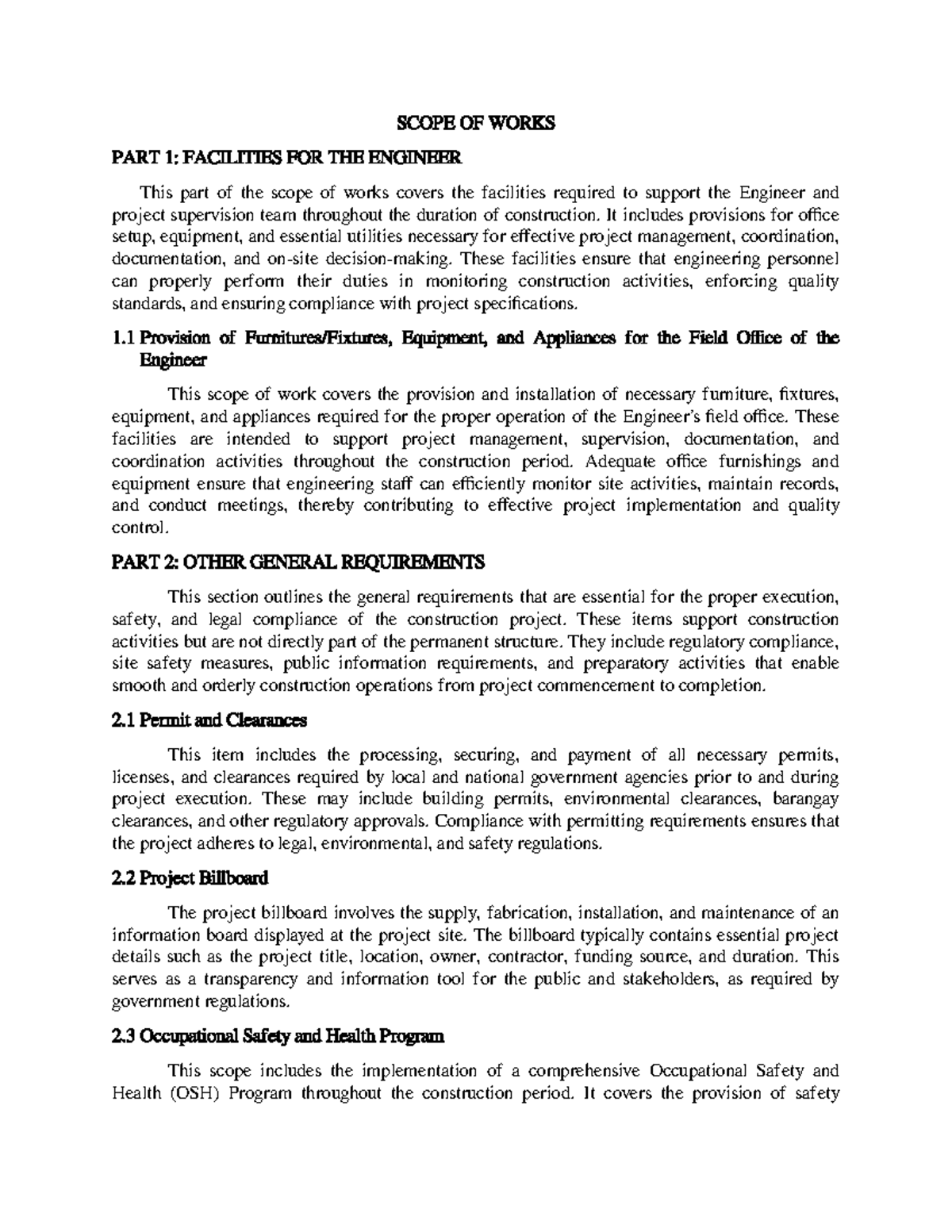 SCOPE OF WORKS PART 1: ENGINEER FACILITIES & GENERAL REQUIREMENTS - Studocu