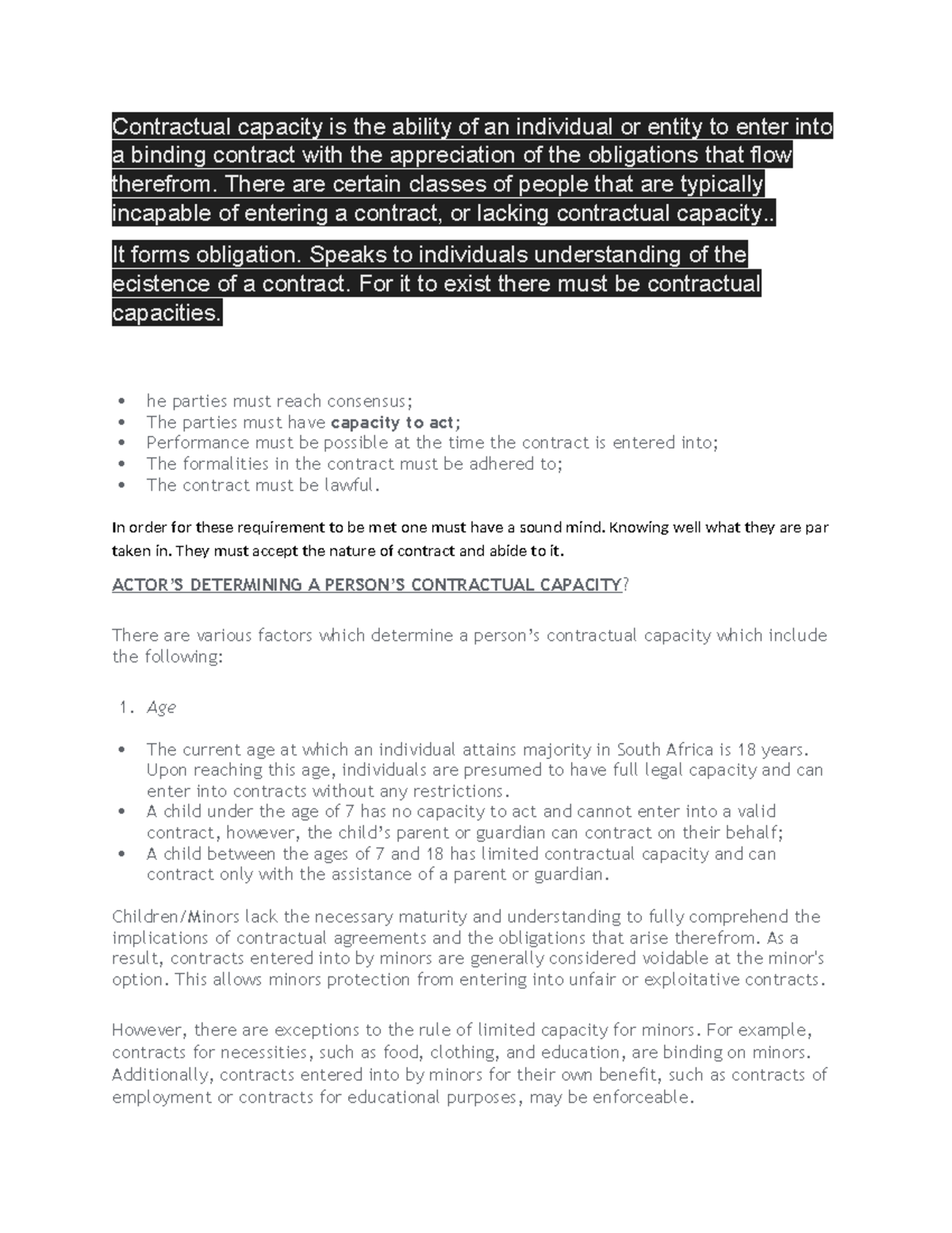 Contractual capacity is - There are certain classes of people that are ...