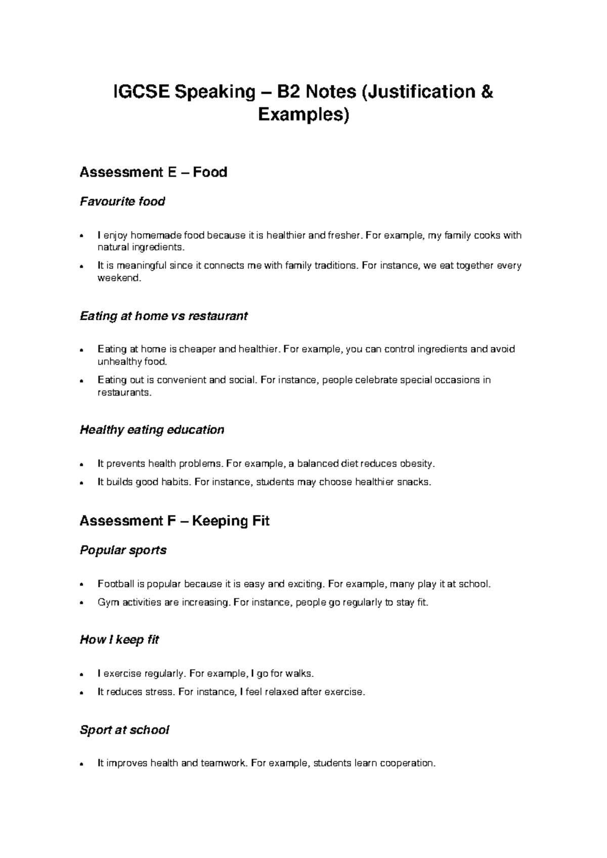 IGCSE Speaking B2 Notes: Justification & Keeping Fit Examples - Studocu