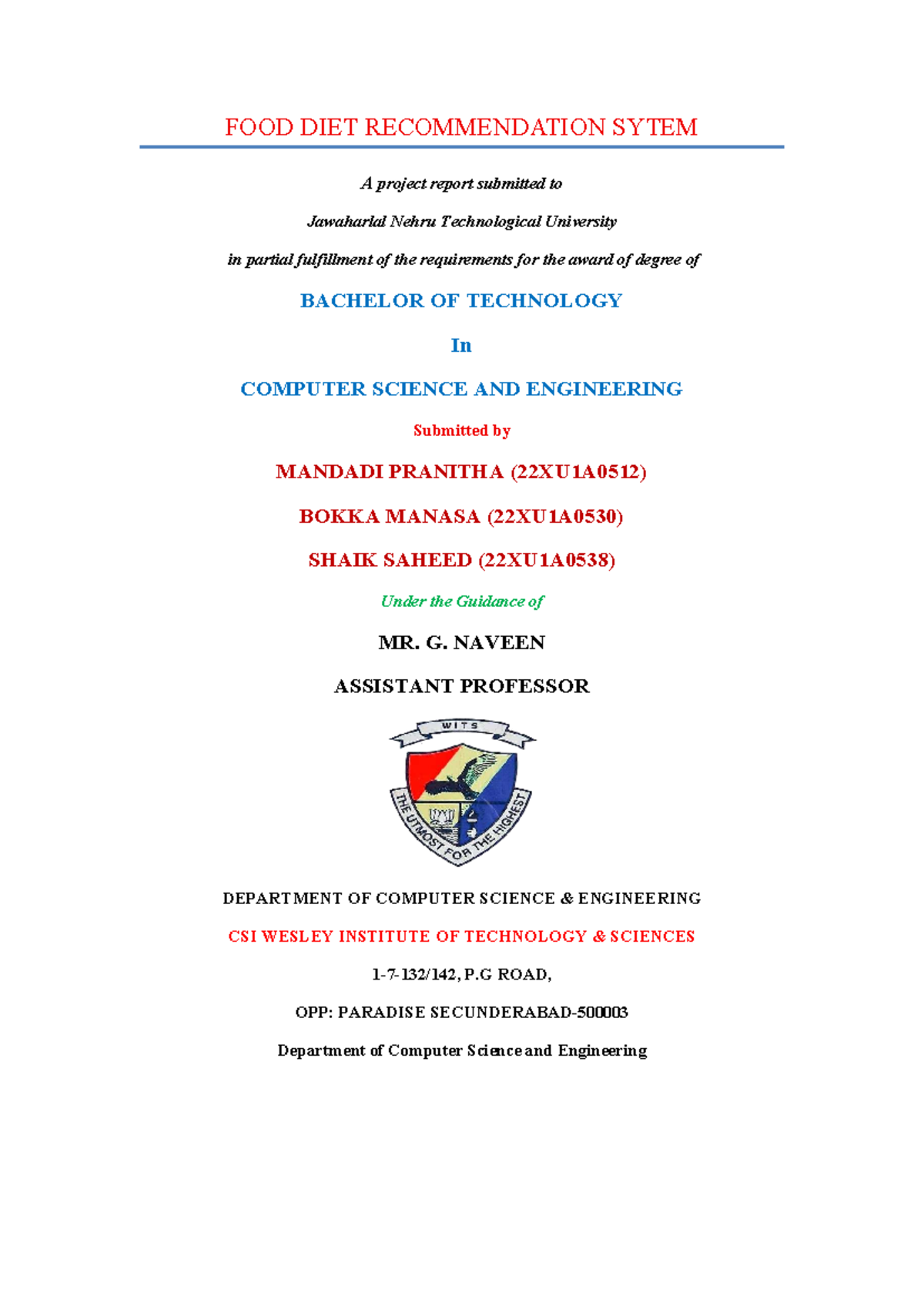 B.Tech Project Report: Food Diet Recommendation System (CSE) - Studocu