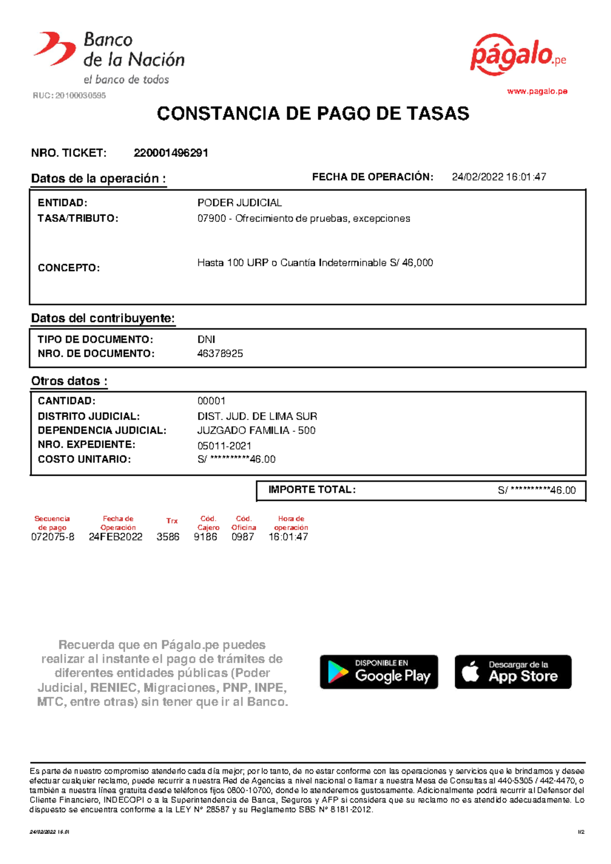 Constancia de Pago - Tasa Judicial Nro. Ticket 220001496291 - Document Preview