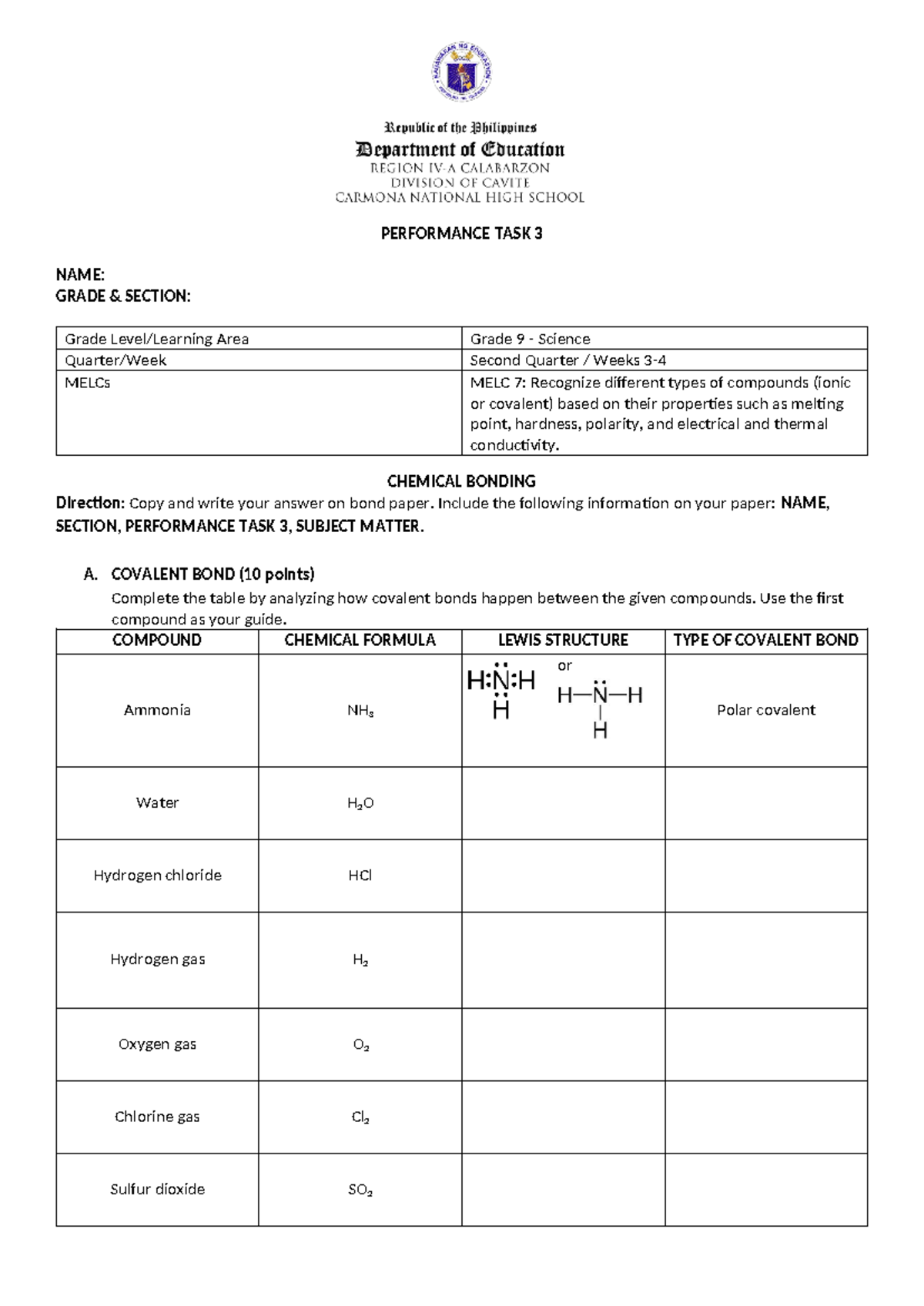 Performance TASK 3 Quarter 2 edited - PERFORMANCE TASK 3 NAME: GRADE ...