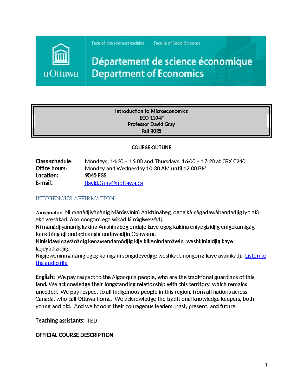 ECO 1104F Introduction to Microeconomics Syllabus Fall 2025 - Studocu