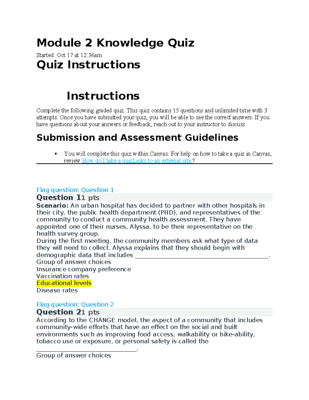 Module 2 Knowledge Quiz: Community Health Assessment Insights - Studocu
