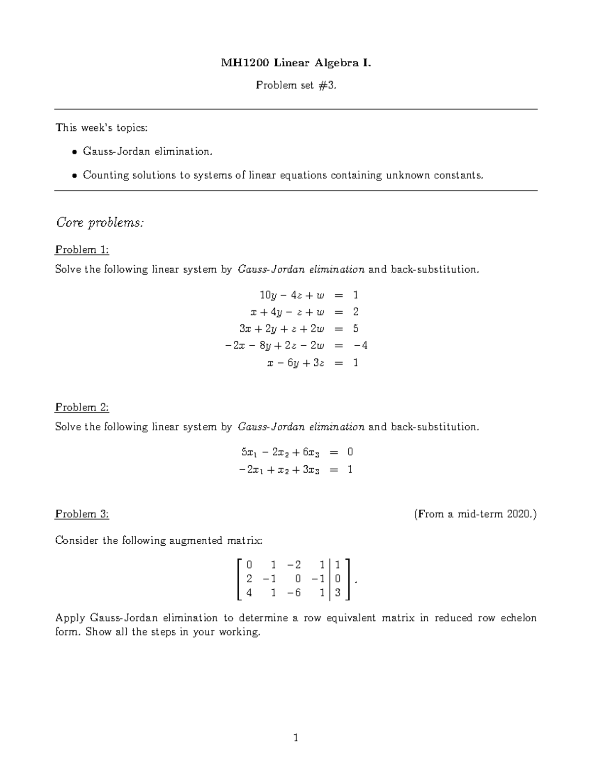 MH1200 Linear Algebra I: Problem Set 3 - Elimination Techniques - Studocu