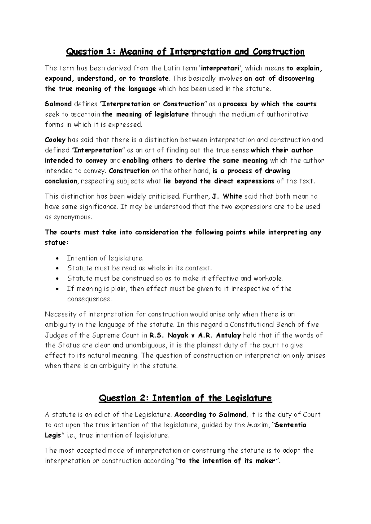 Notes - Interpretation of Statutes - Question 1: Meaning of ...