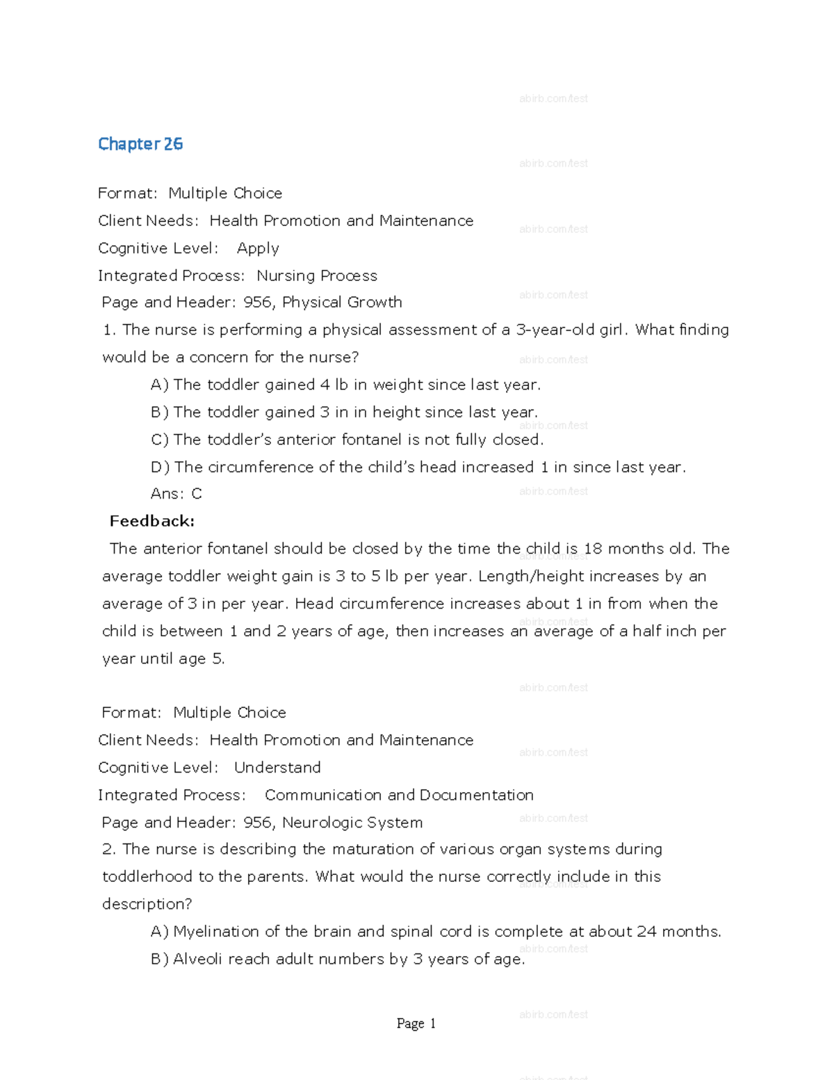 Chapter 26 Nursing Test Bank - Chapter 26 Format: Multiple Choice ...