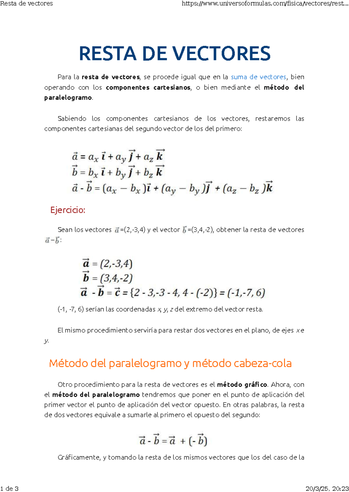 Resta de vectores - Sabiendo los componentes cartesianos de los ...