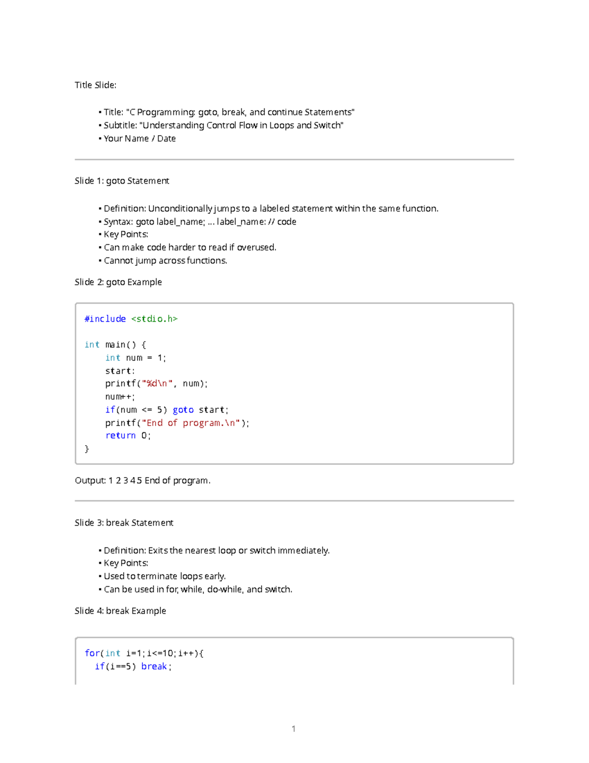 Programming Control Flow Goto Break And Continue Ppt Studocu