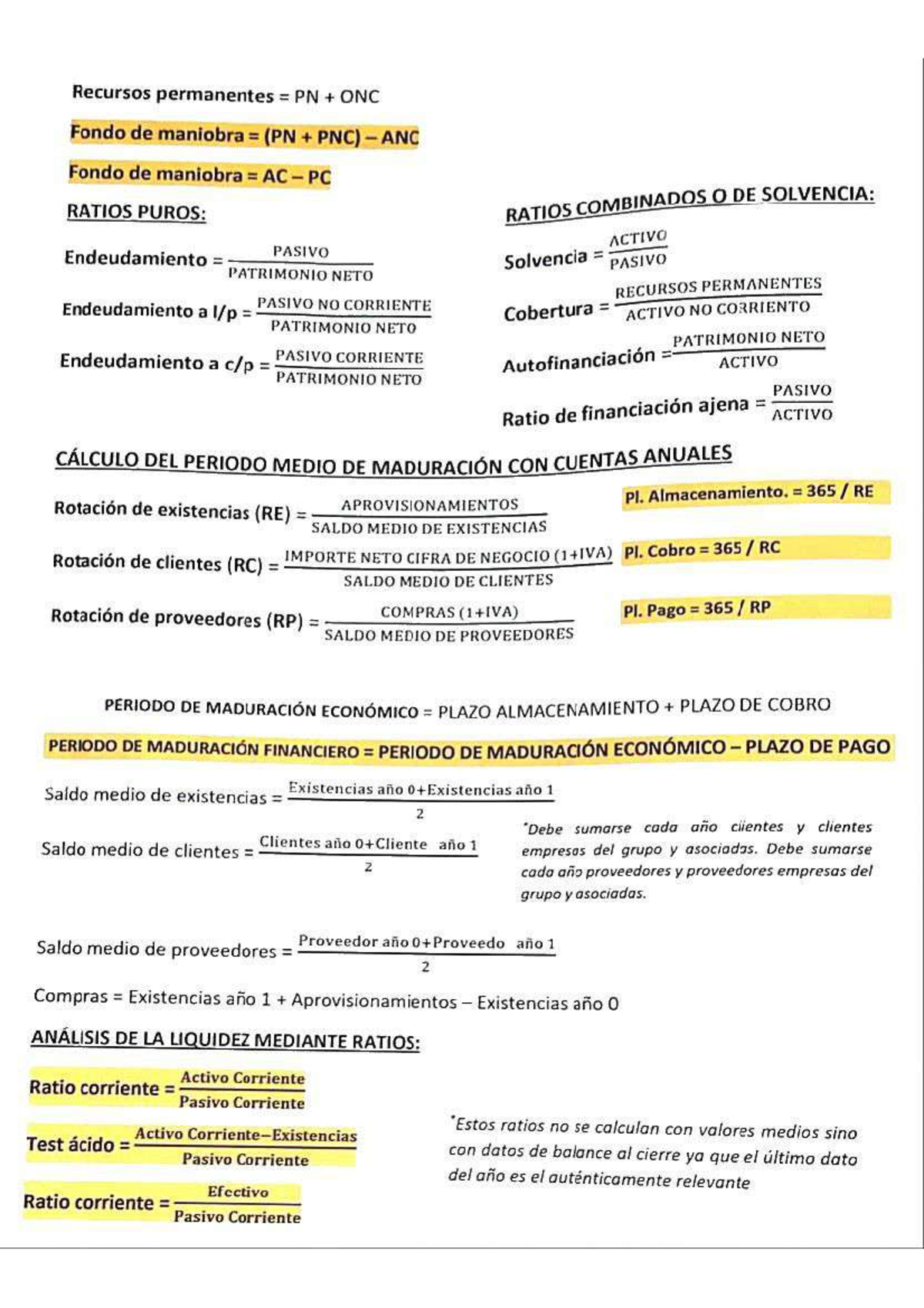 Formulas de Análisis Financiero: Ratios y Liquidez (PN PNC) - Studocu
