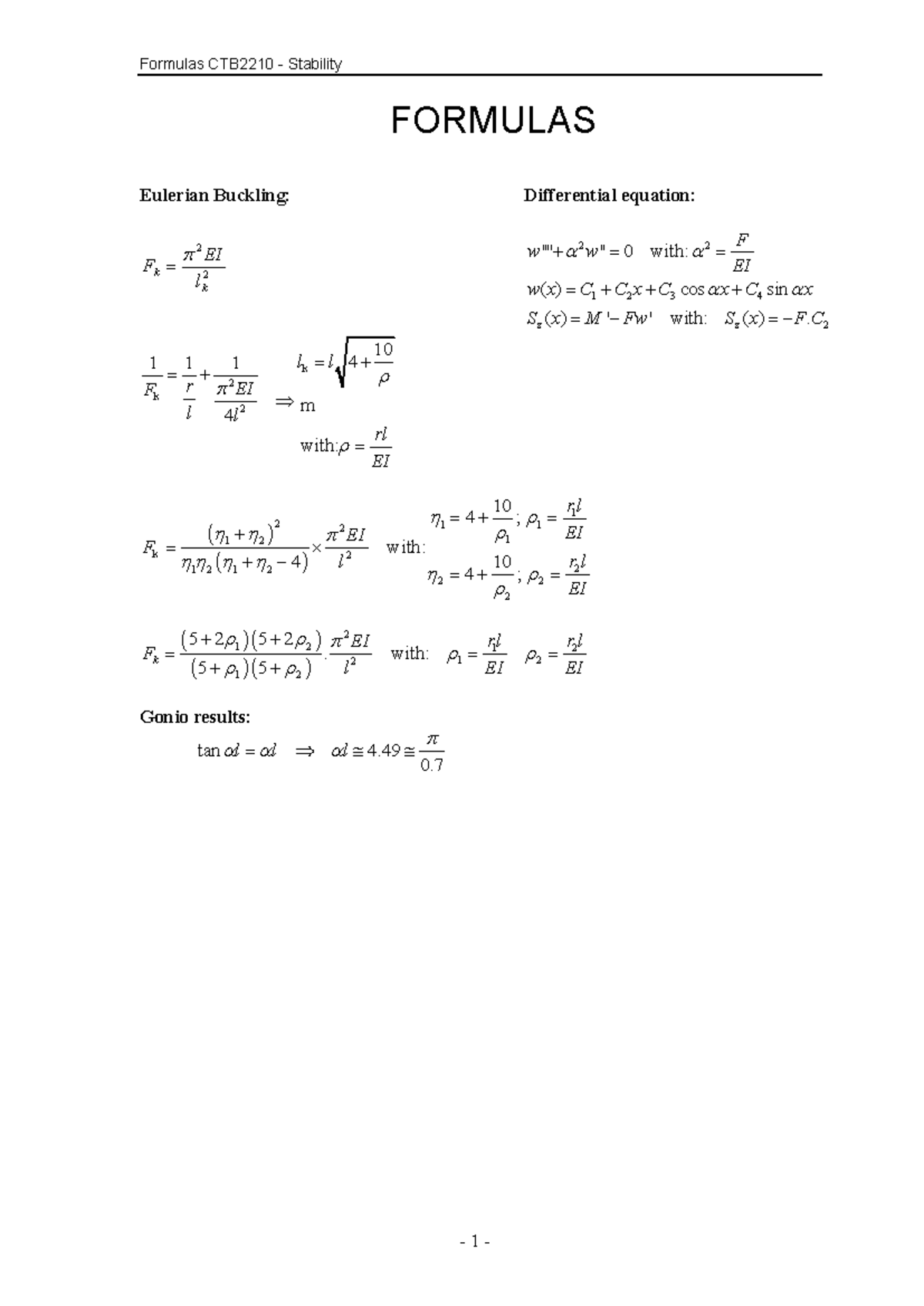 Formulas CTB2210 - Stability: Key Equations and Concepts - Studeersnel