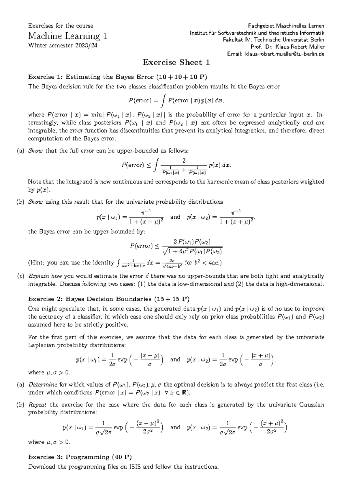 Machine Learning 1: Winter 2023 Exercise Sheets Overview - Studocu