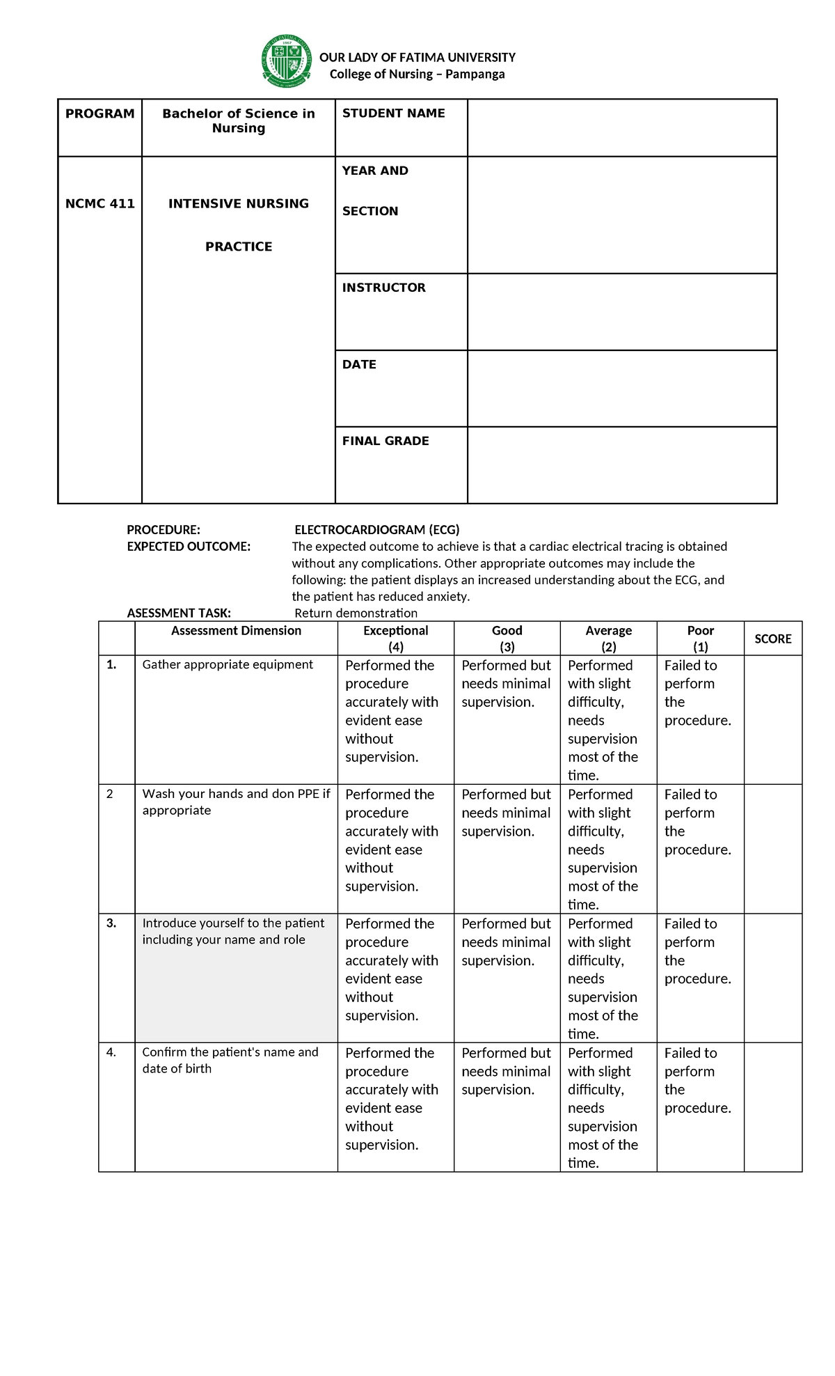NCMC 411 Final Exam: Electrocardiogram (ECG) Procedure Notes - Studocu