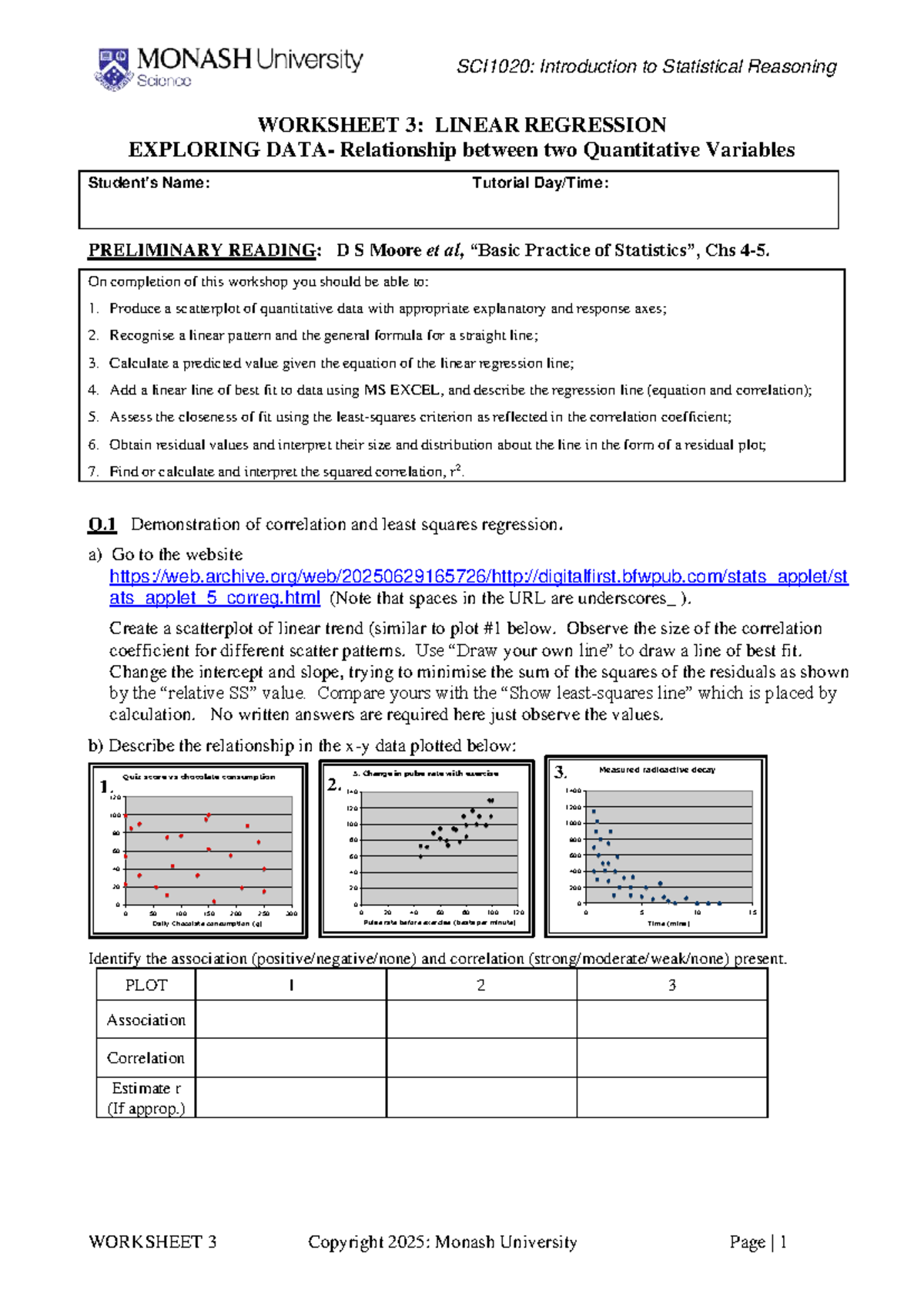 SCI1020: Worksheet 3 - Linear Regression & Data Analysis - Studocu