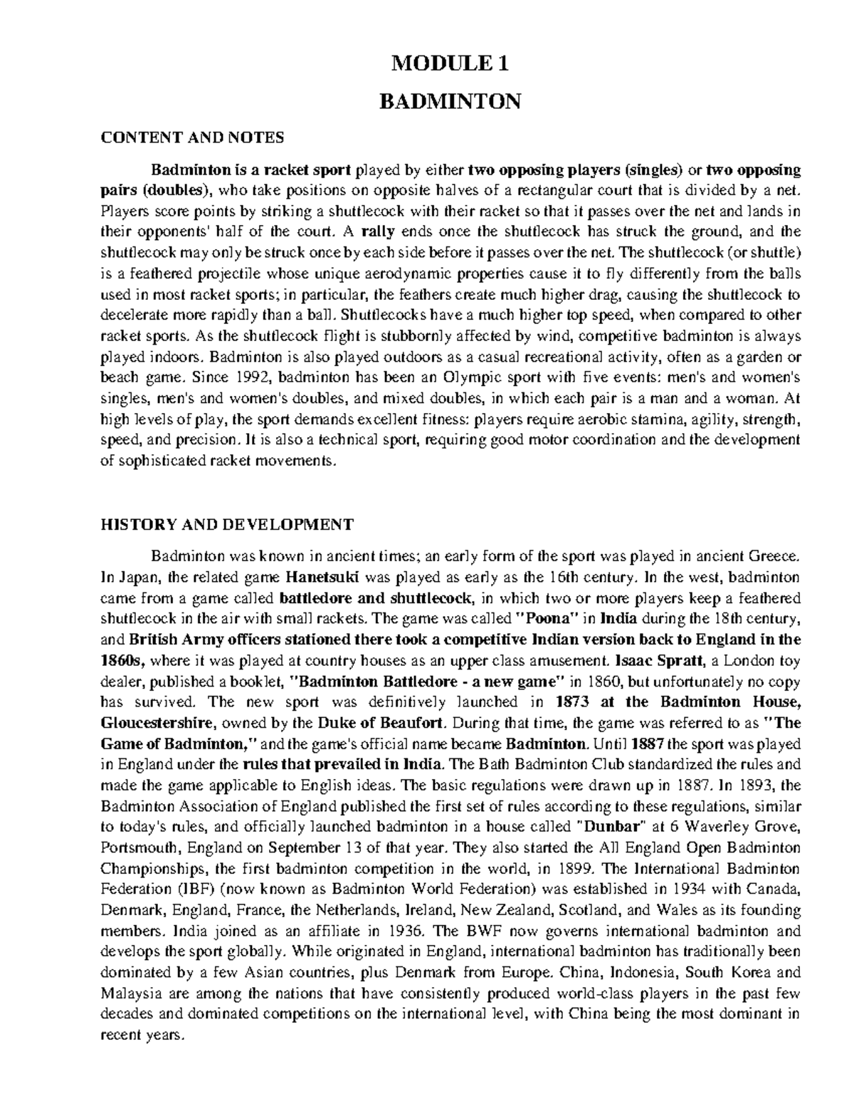 Module 1 - Introduction to Badminton: History and Benefits - Studocu