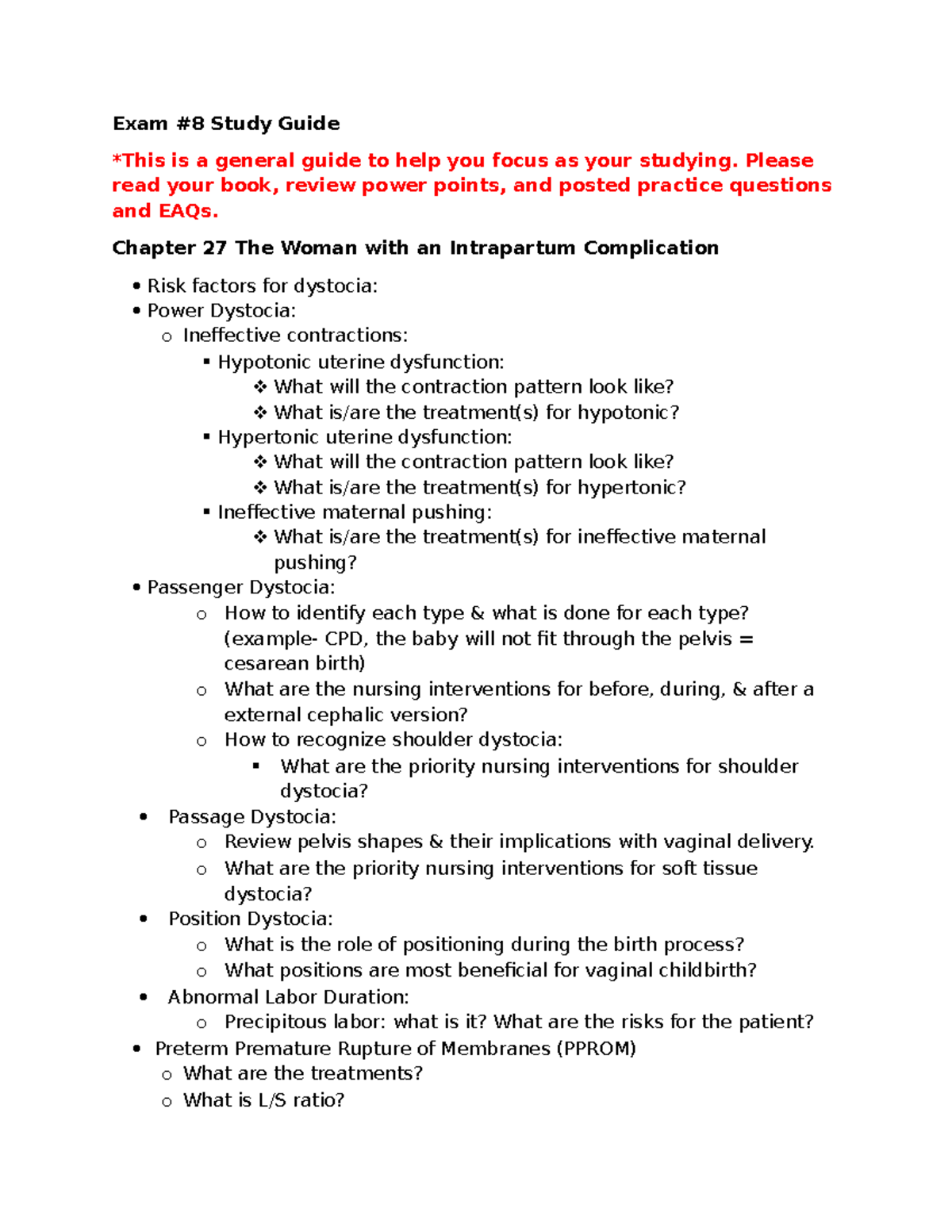 NUR 305 Final Exam Study Guide: Intrapartum Complications - Studocu