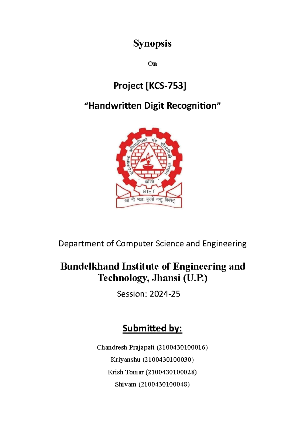 Major Project synopsis - B.tech - Synopsis On Project [KCS-753 ...