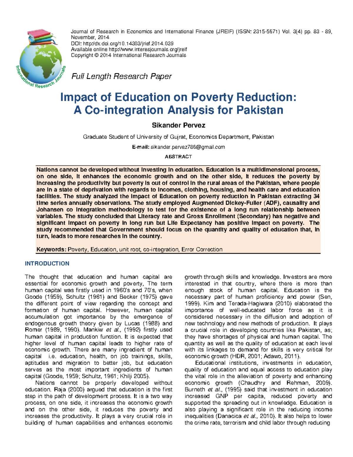 Impact of Education on Poverty Reduction: A Cointegration Study for ...
