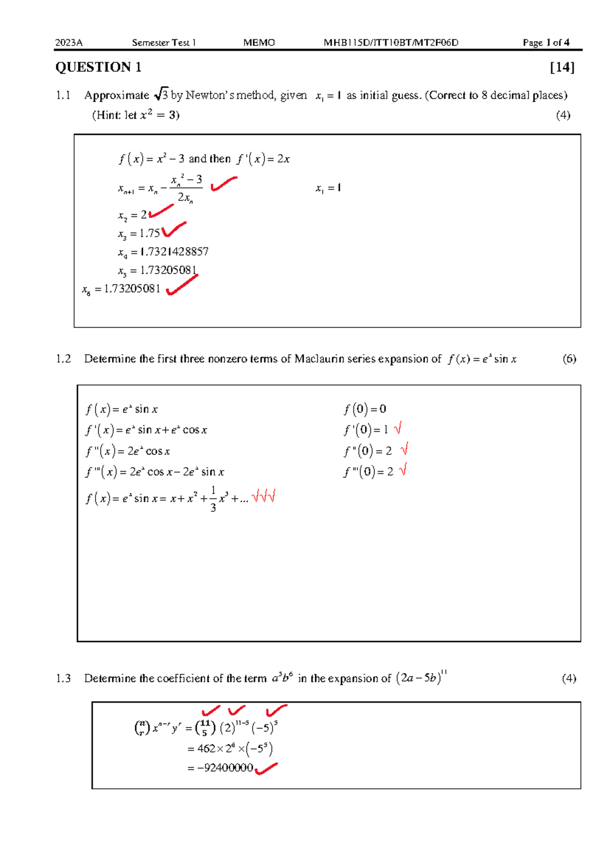2023A MHB115D Semester Test 1 Memo Analysis and Solutions - Studocu
